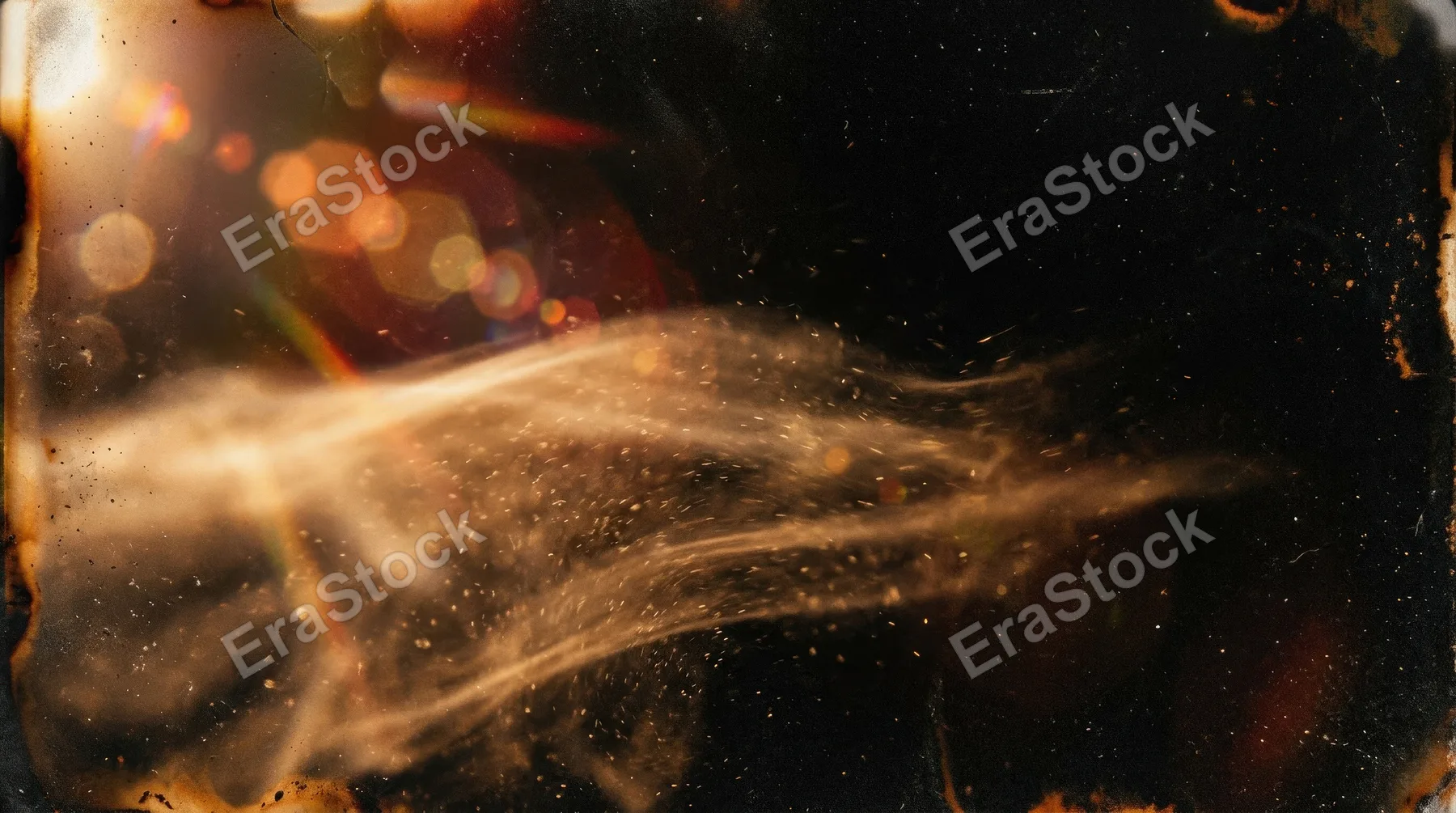 A warm dusty light leak with smoky motion blur and textured grain on black, analog lens flare and aged burn aesthetic, ultra-realistic, no logos.