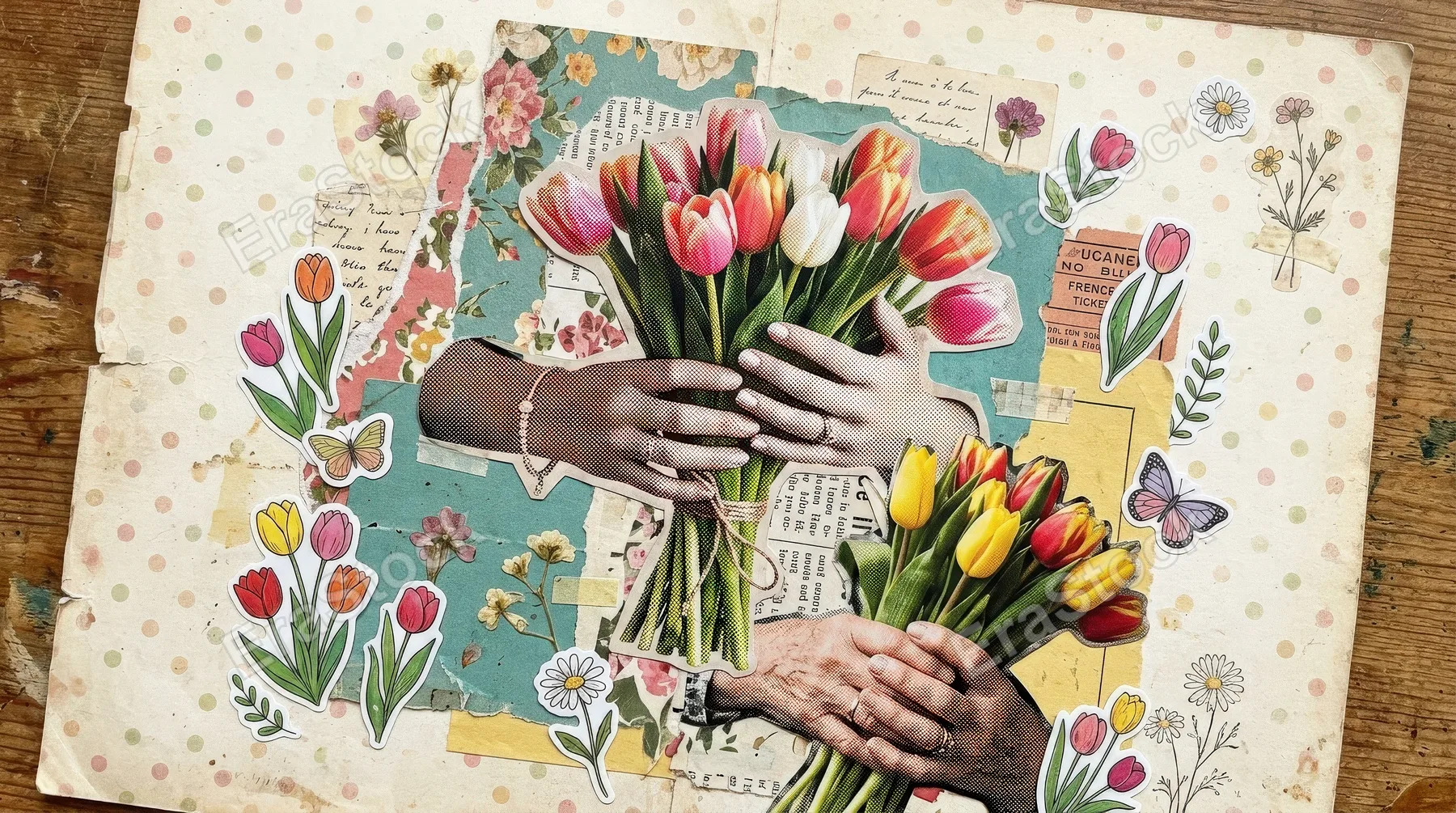 A halftone collage set of hands holding bouquets of tulips, layered paper clipping shapes, spring floral stickers and soft dotted vintage charm, ultra-realistic, no logos.