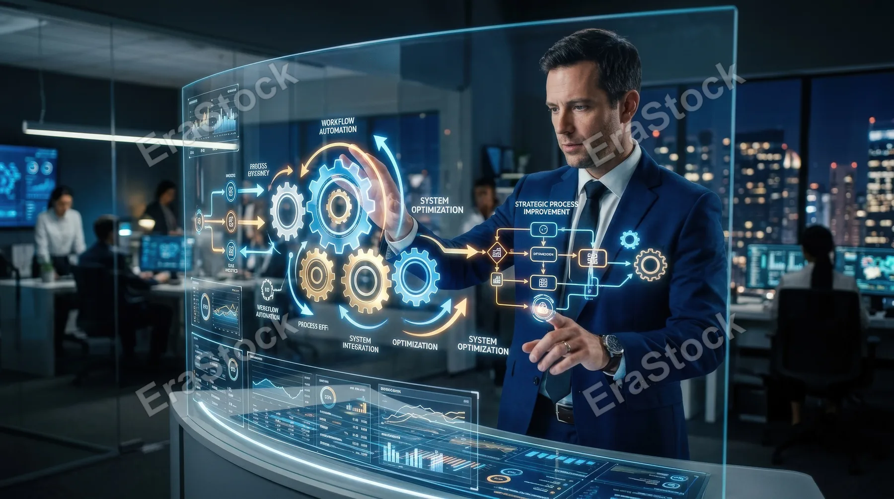 A businessman interacting with glowing gear icons, automation panels and workflow systems, digital process improvement and corporate efficiency atmosphere, ultra-realistic, no logos.