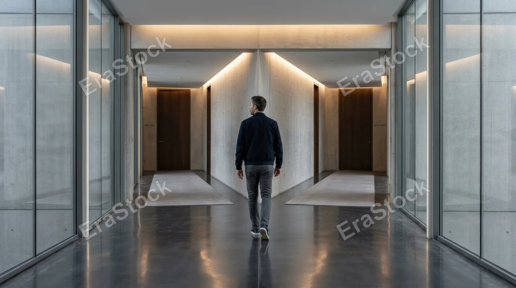 A man walking on a path that splits toward different doors ahead, minimalist corridor, balanced lighting, symbol of choice crossroads decision and future opportunity, reflective modern atmosphere,