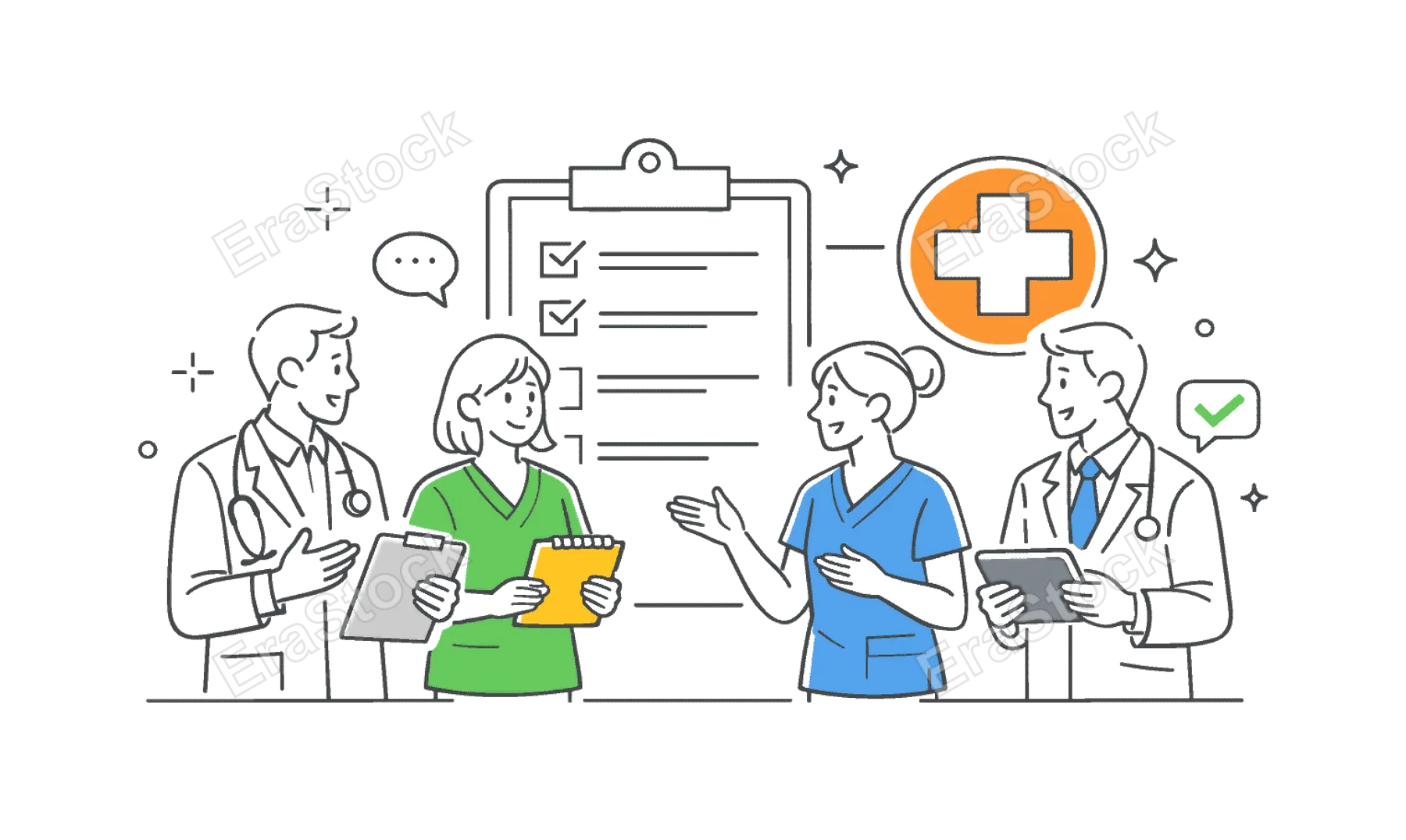 A hospital teamwork environment where doctors and nurses discuss treatment plans and share responsibilities, illustrated by a small group interacting near a simple