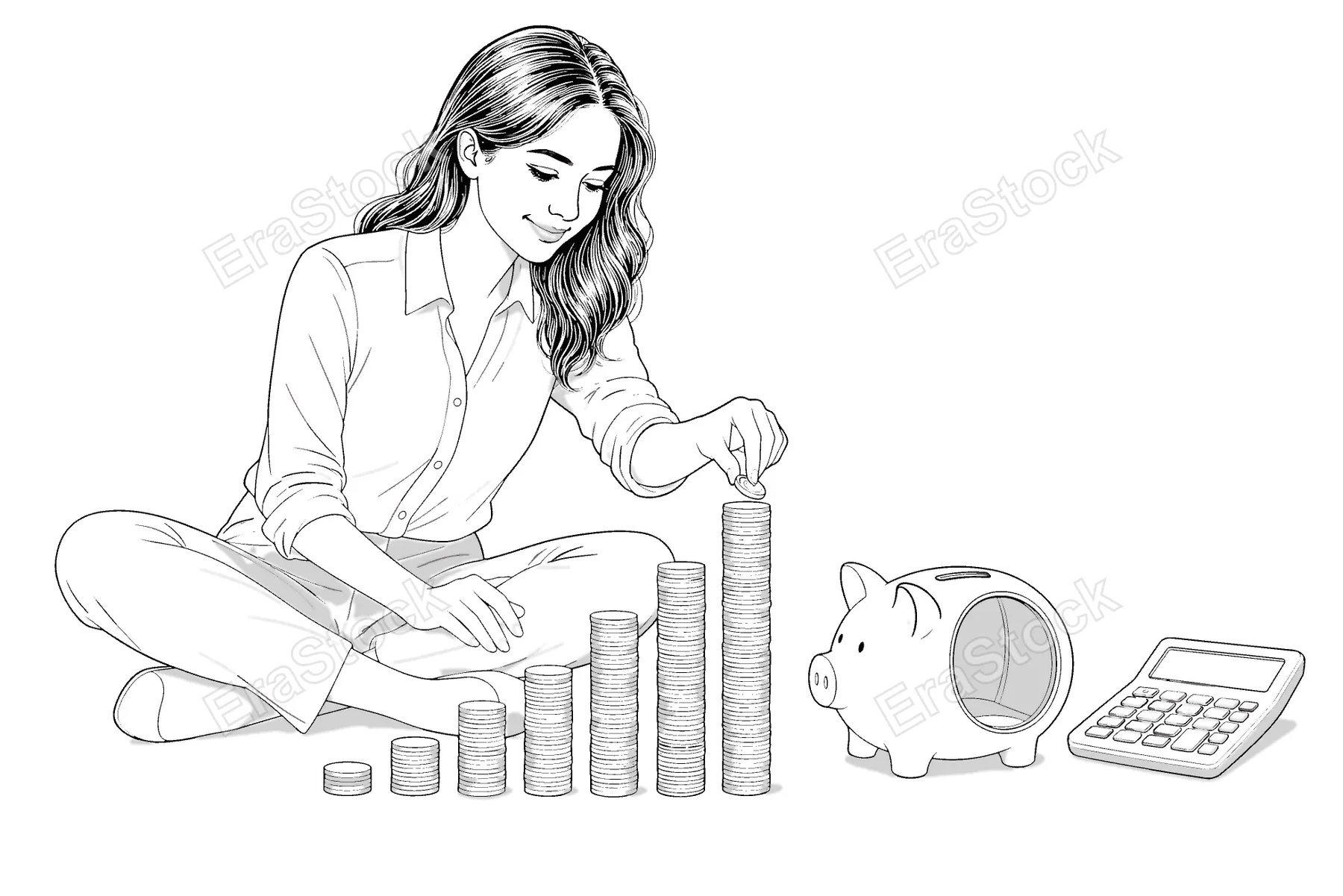 A woman sits cross-legged, meticulously stacking coins to form a growing financial graph, symbolizing savings and investment strategies