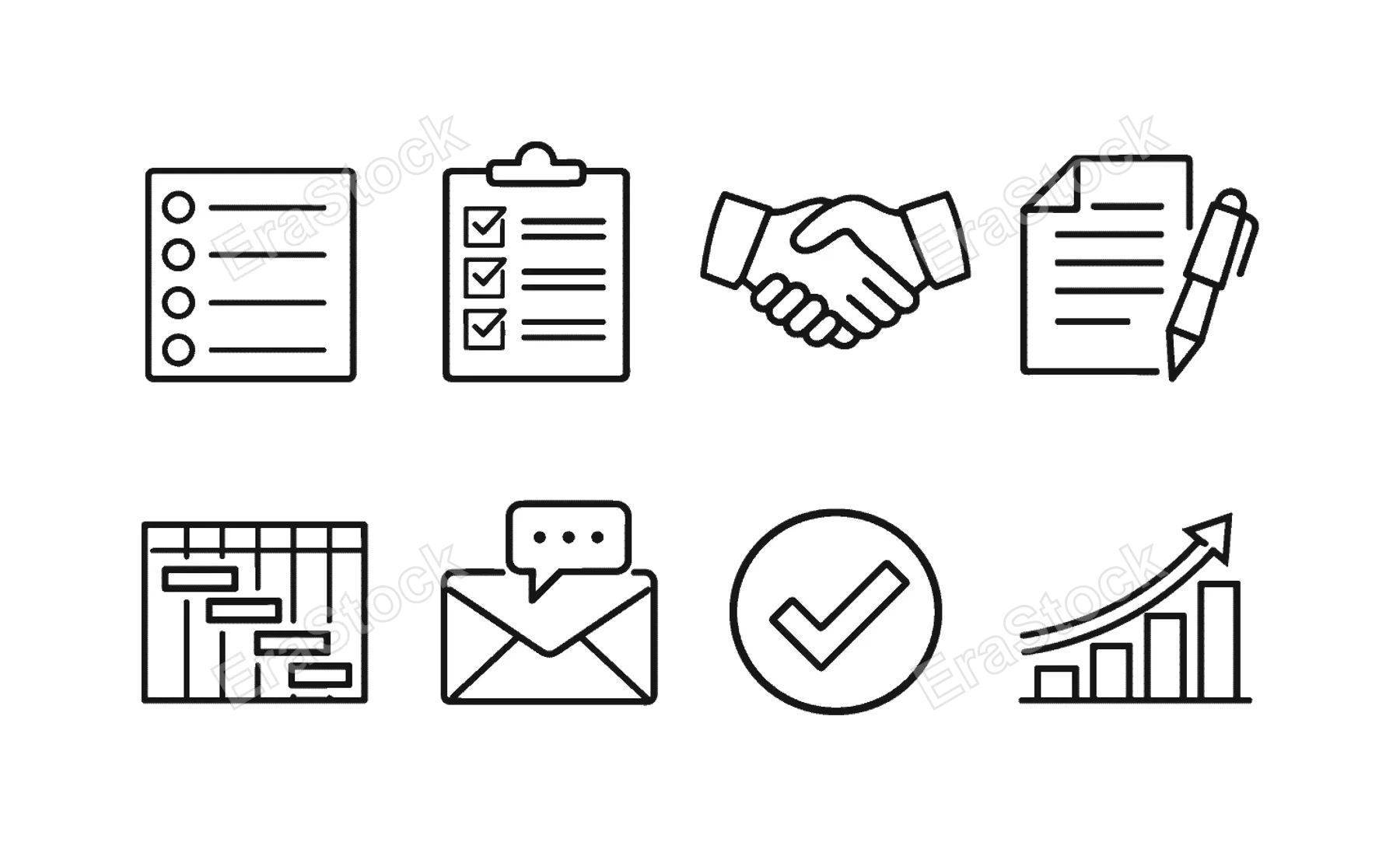 Sales pipeline process: lead list, qualification checklist, handshake, proposal document, timeline chart, follow up message, deal closing checkmark, growth graph.