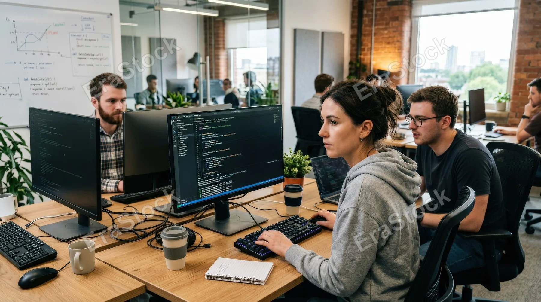 A concentrated female programmer working with colleagues on a desktop PC in a startup office, code on screens, focused expressions, contemporary workspace, ultra-realistic, no logos.