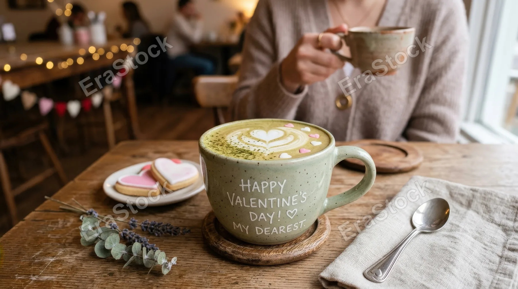 A cute Valentine scene with a matcha latte cup and affectionate message, creamy foam texture, pastel accents, cozy sweet atmosphere, ultra-realistic, no logos.