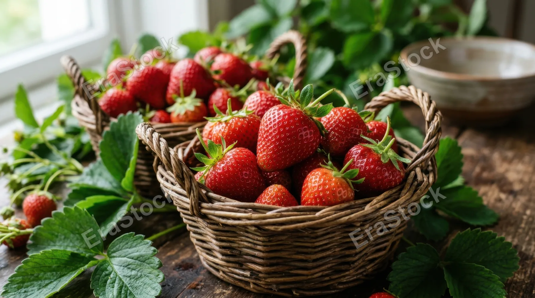 a close-up detail shot of freshly picked strawberries nestled in rustic baskets surrounded by green foliage, capturing the vibrant red color against rich earthy tones