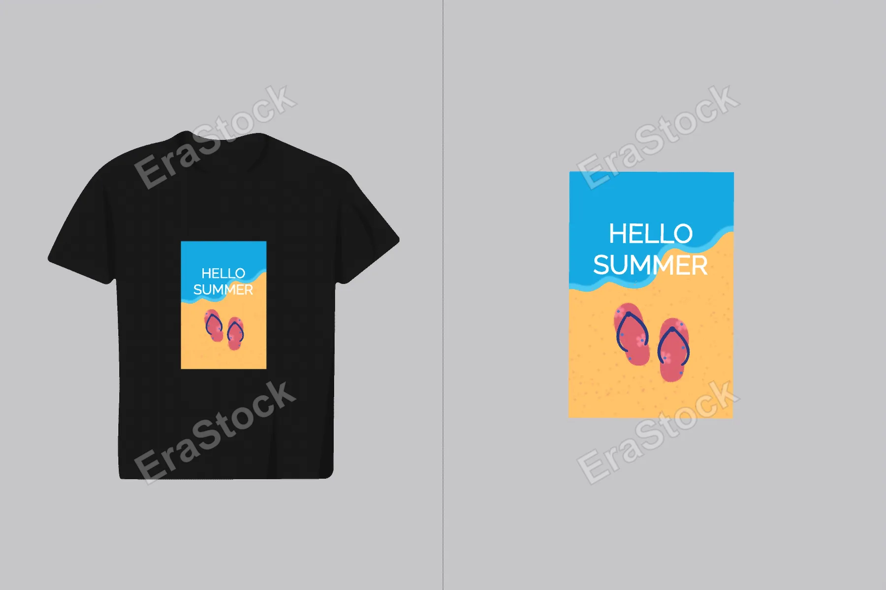 A black t-shirt displays a vibrant graphic of a sandy beach with blue waves and pink flip-flops, proclaiming "Hello Summer"