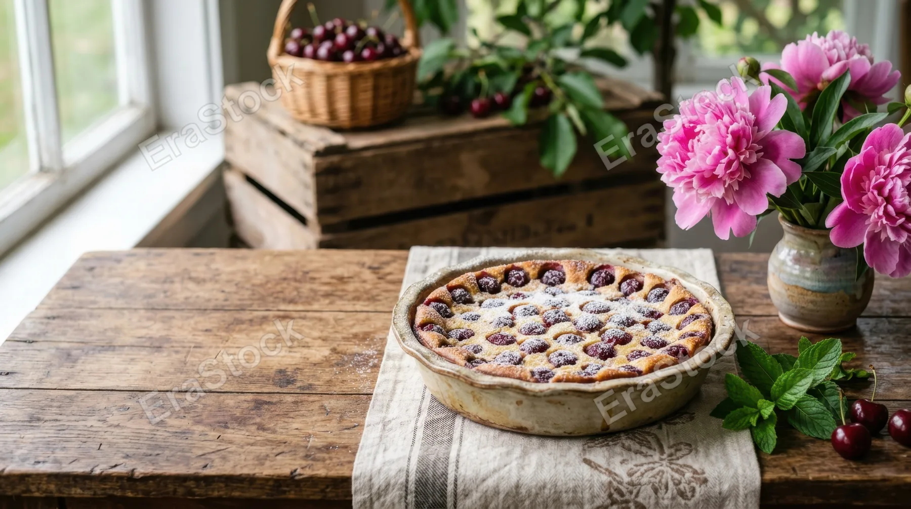 a bold and clean composition featuring the freshly baked cherry clafoutis as the central subject on a rustic wooden table, enhanced with soft daylight and surrounded by
