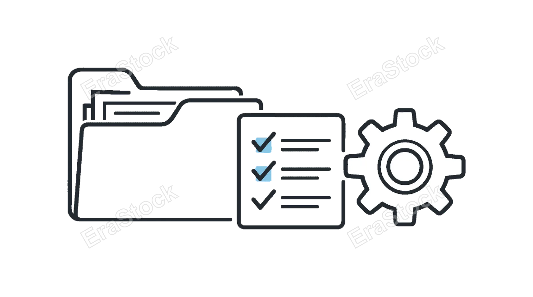 Digital workspace organization and tidy document management during daily professional tasks, a clean folder icon beside a small checklist and a gear forming a clear visual metaphor