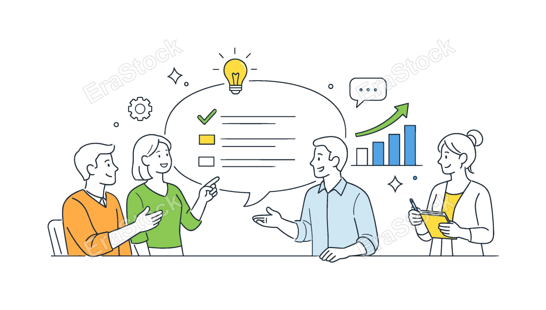 A team feedback and performance discussion scene featuring a small group exchanging insights around a large speech bubble and a chart, using a simple visual metaphor of