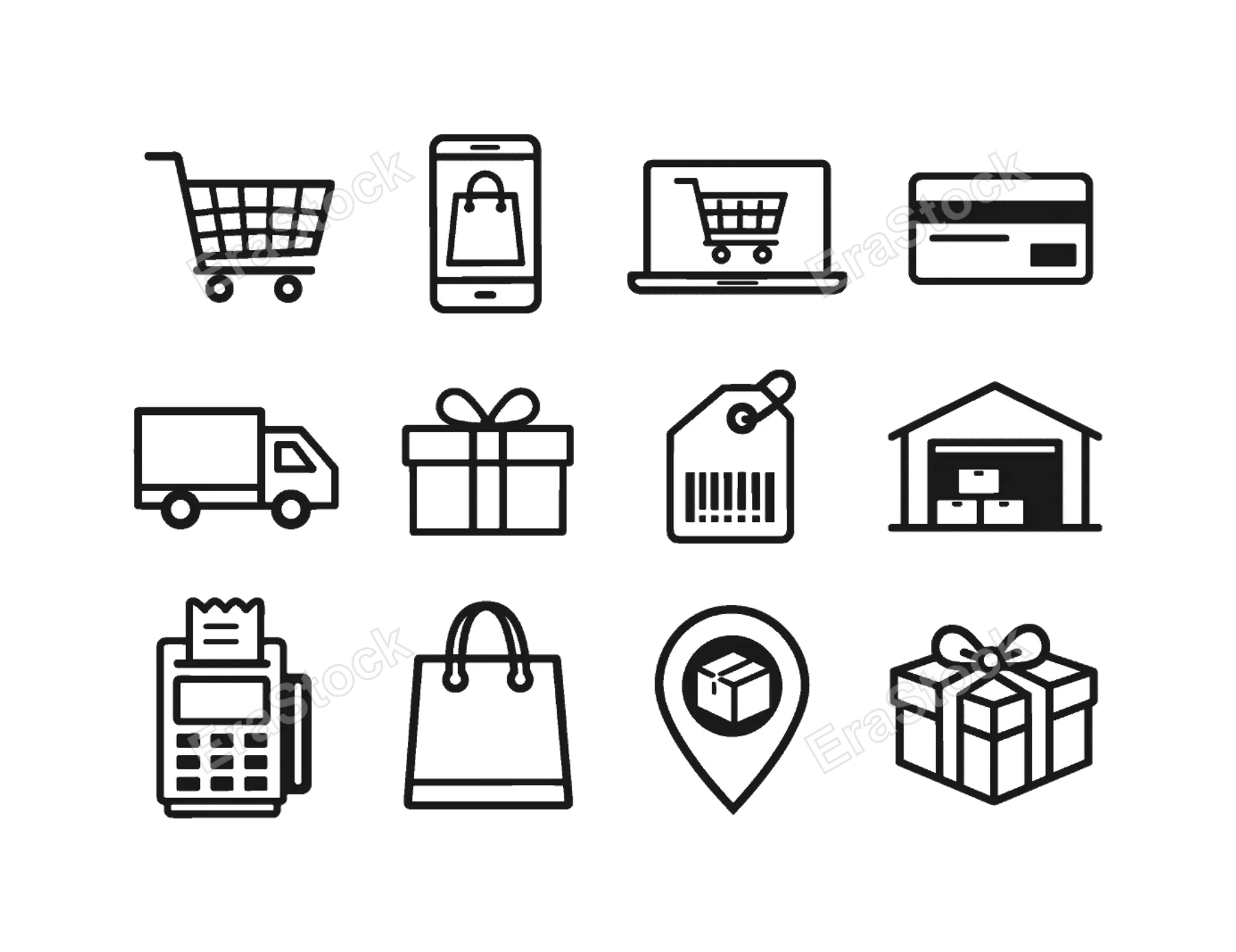 Online shopping e-commerce: shopping cart, smartphone with shopping bag, laptop with shopping cart, credit card, package box, delivery truck, shopping bag, barcode tag, parcel with