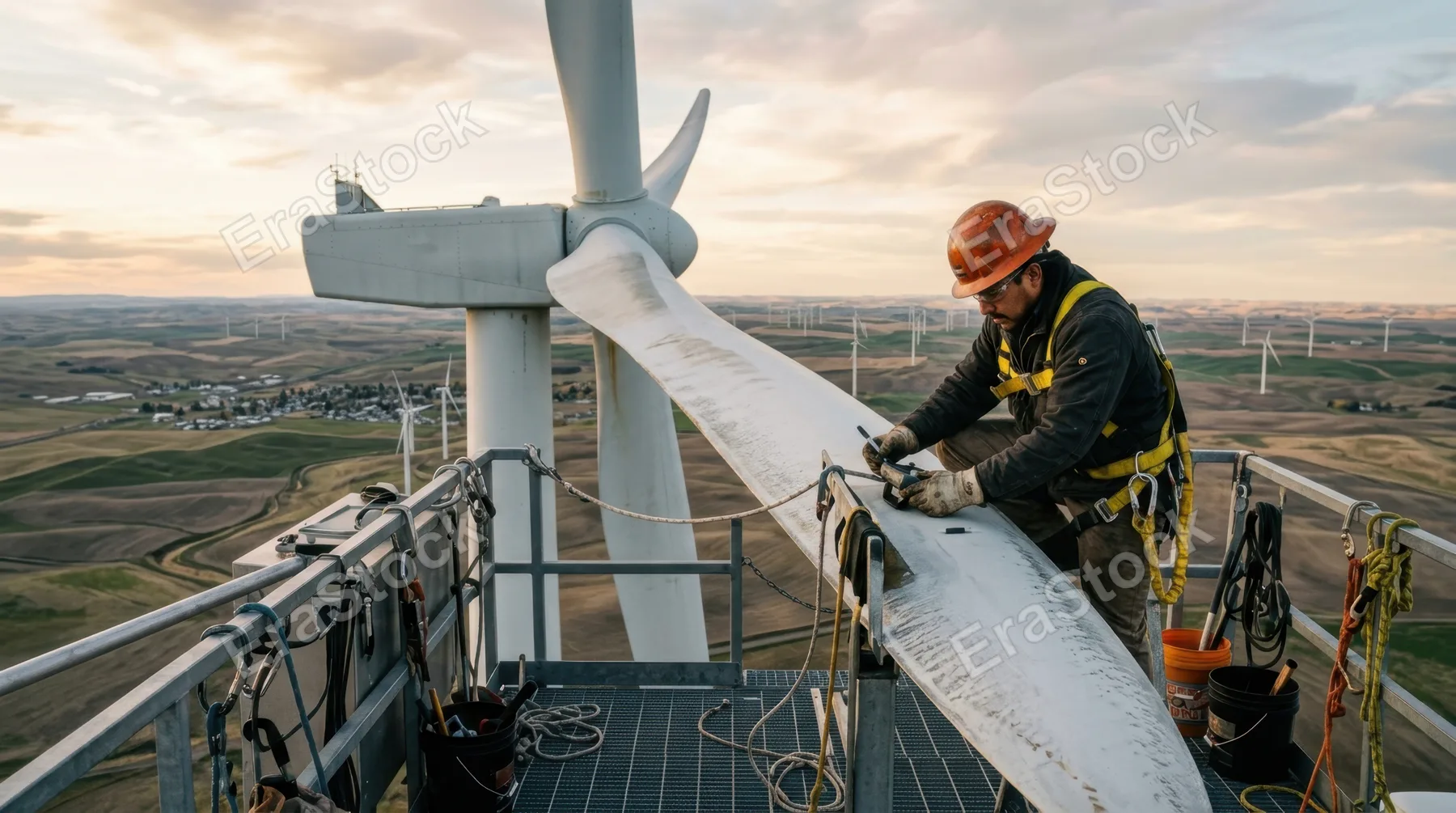 a full environment shot capturing a 35-year-old hispanic male wind turbine technician inspecting a turbine blade, positioned on a wind turbine platform. the setting