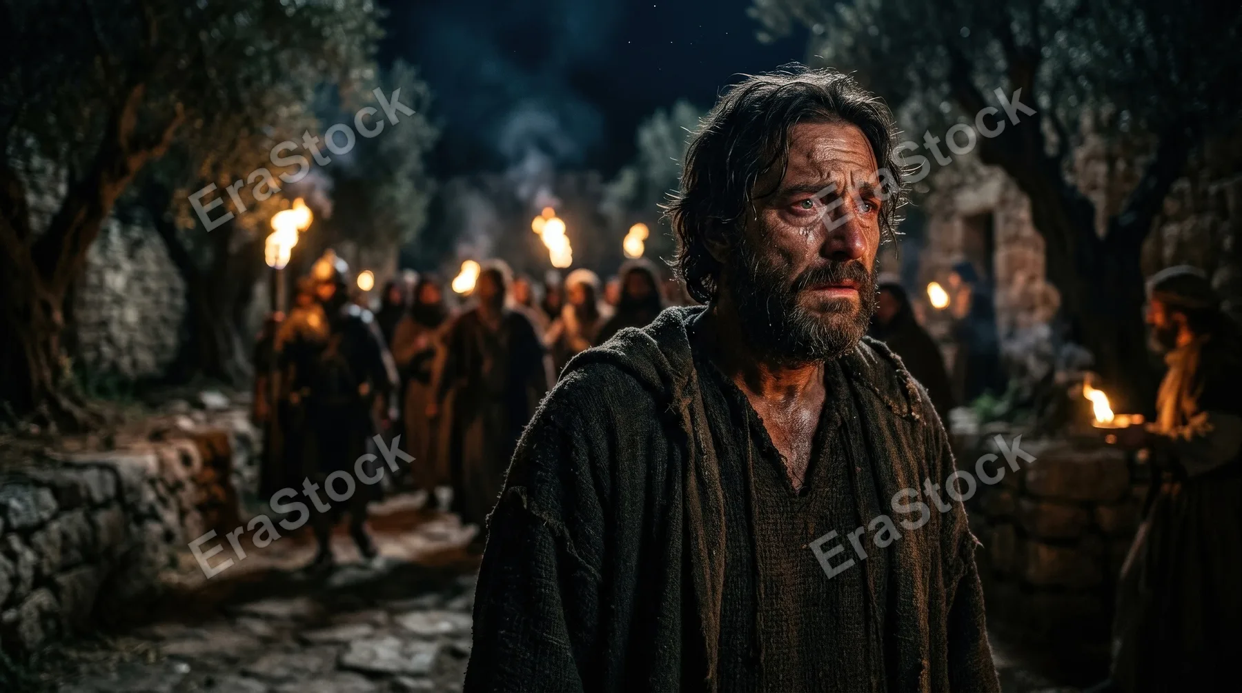 A tearful man gazing into the distance, blurred figures and torchlight behind him suggesting betrayal, textured face and sorrowful expression in a dark biblical atmosphere, ultra-realistic, no logos.