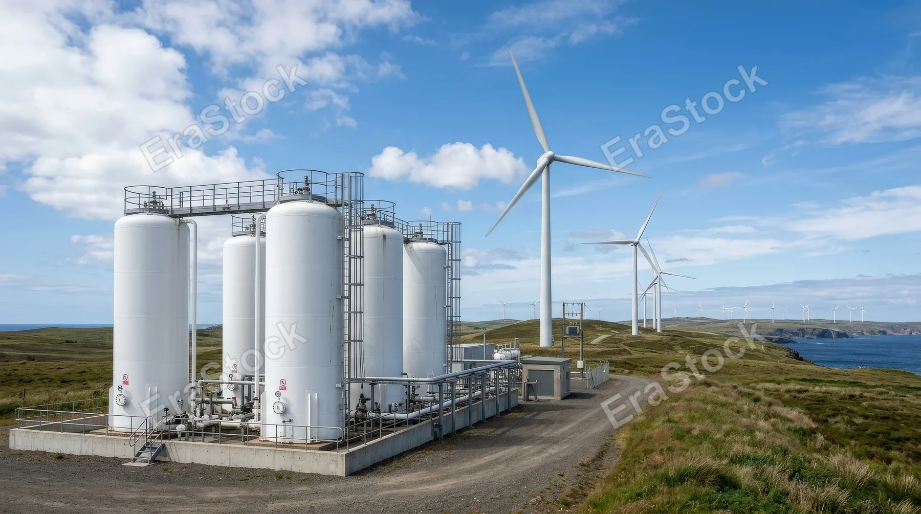 Hydrogen storage tanks standing beside wind turbines, clean renewable energy infrastructure under open sky, sleek industrial sustainability mood, ultra-realistic, no logos.