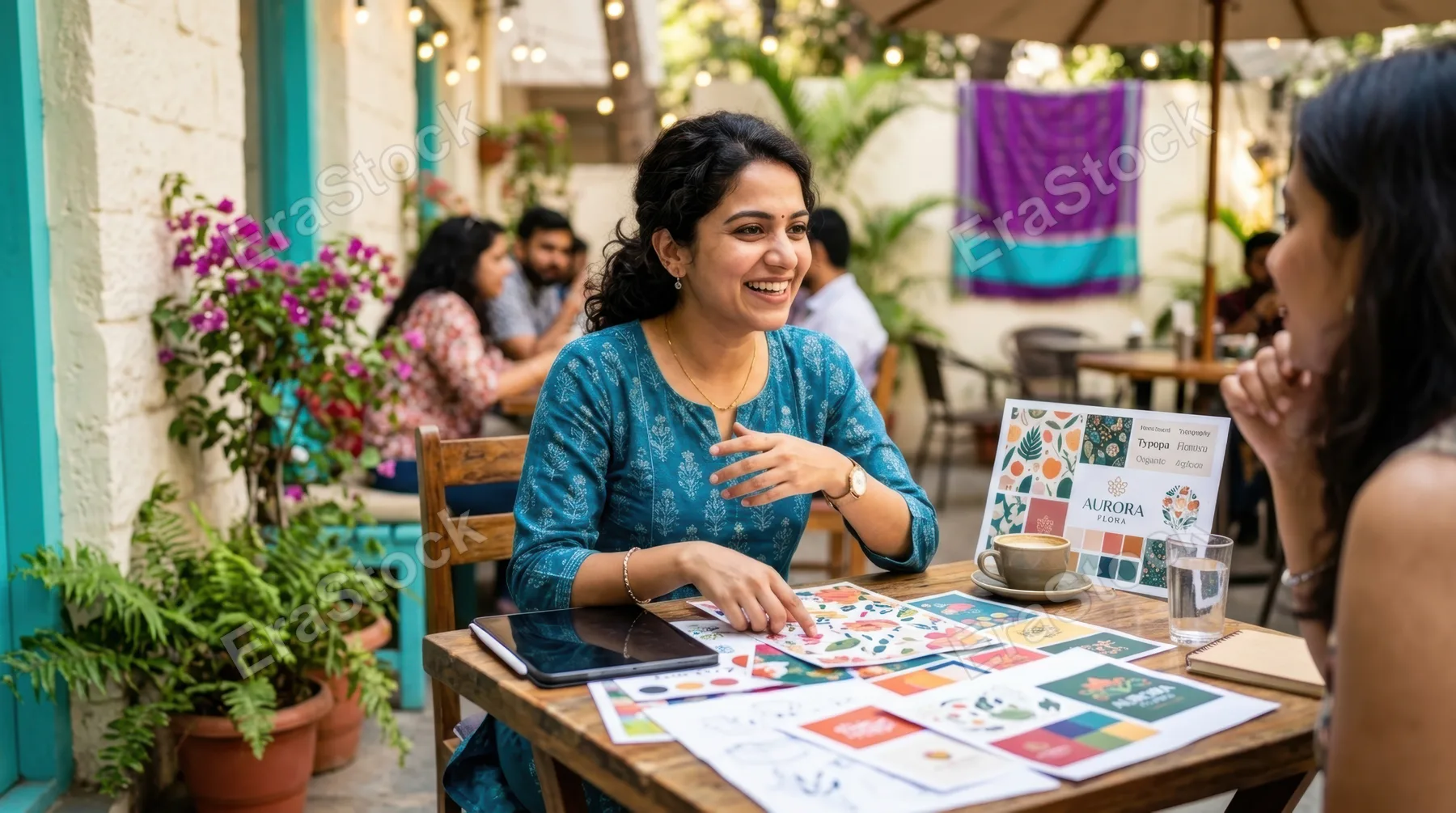 in a vibrant outdoor cafe setting, a 28-year-old indian female designer engaged in a casual conversation showcases her design mockups spread out on a small wooden table