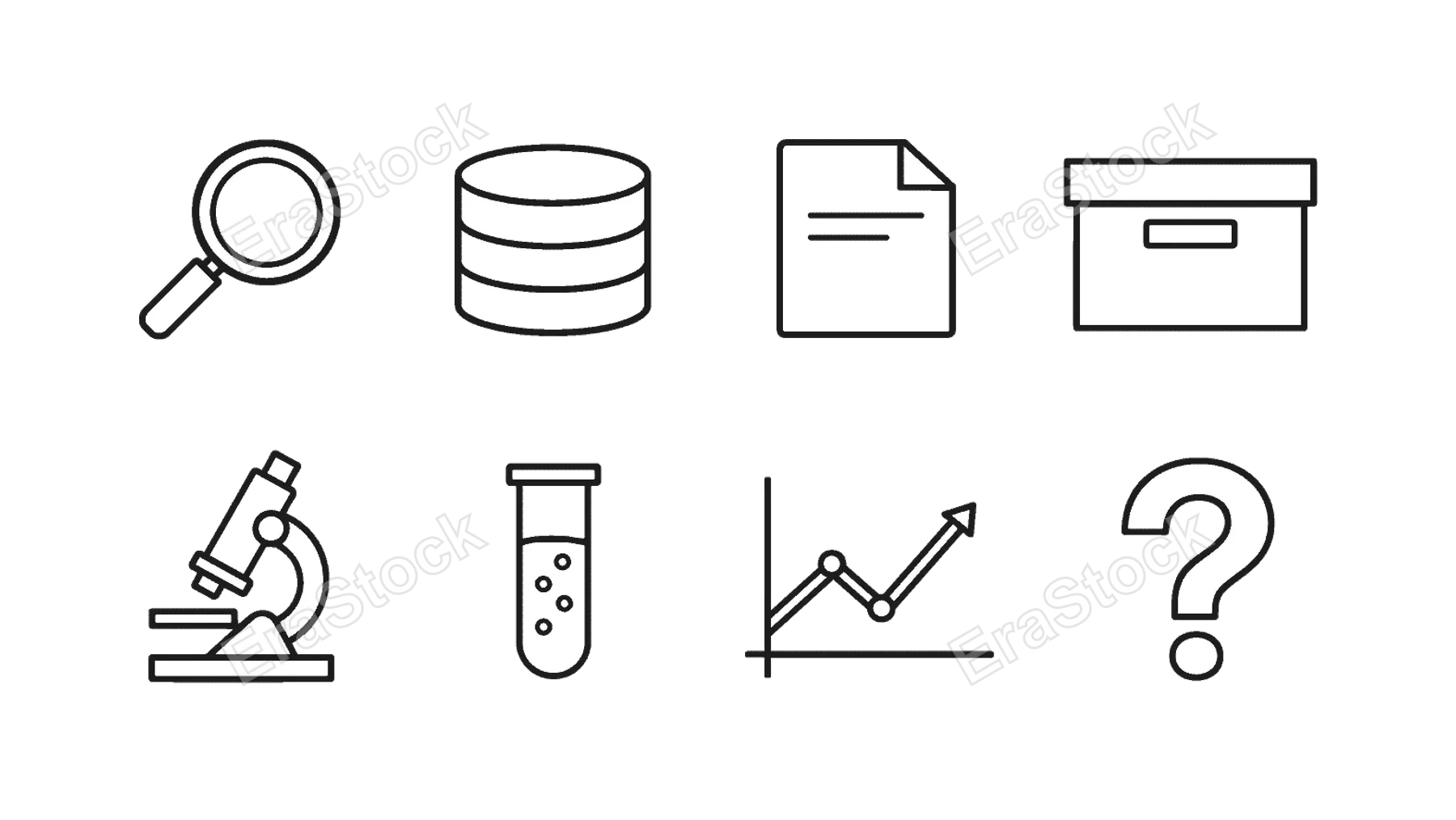 Information and research: search magnifier, database cylinder, document file, archive box, microscope, test tube, analytics chart, question mark.