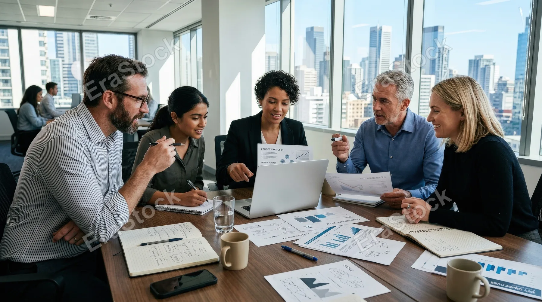 A group of professionals brainstorming around a laptop at a business meeting, notebooks and printed ideas spread across the table, modern office background with clean lines, bright daylight and