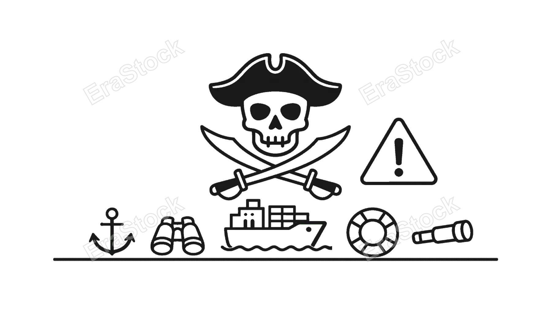Maritime threat warning representing piracy risks and security concerns for ships transporting cargo across international sea routes, a skull icon, a pirate hat silhouette, a small