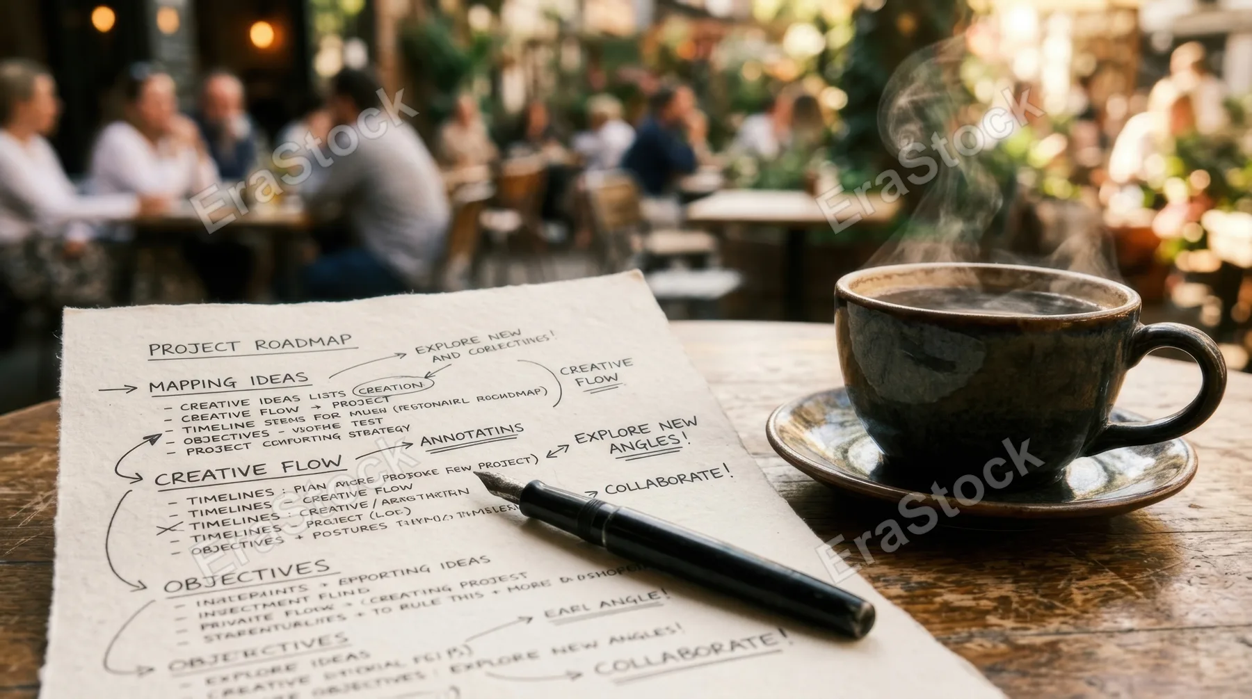 a close-up of the printed notes and a steaming cup of coffee on a cafe table, highlighting the textures and details of the paper and beverage. the background reveals an