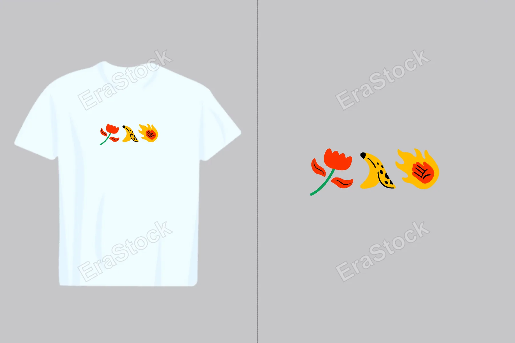 A clean white t-shirt showcases a playful and abstract design featuring a red flower, a yellow banana, and a fiery hand symbol