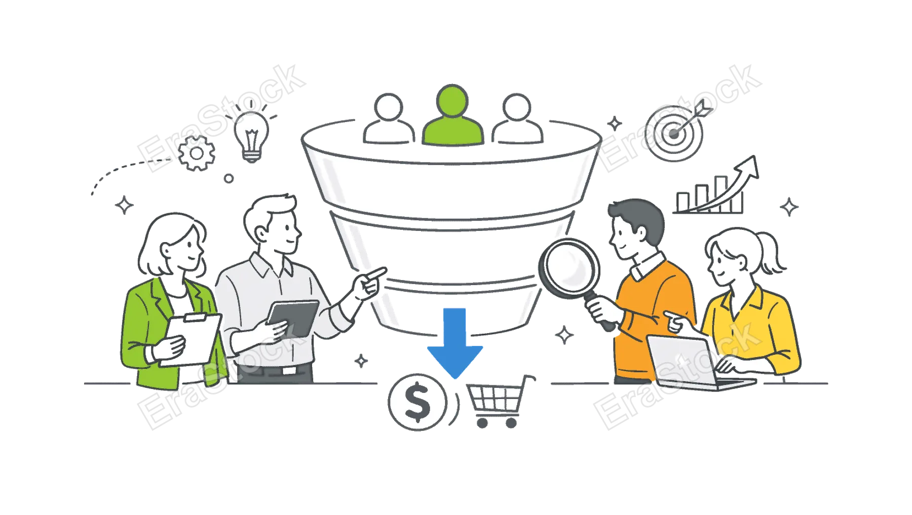 A business marketing scenario where professionals analyze and optimize a sales funnel to convert potential customers into buyers, shown through a small group interacting