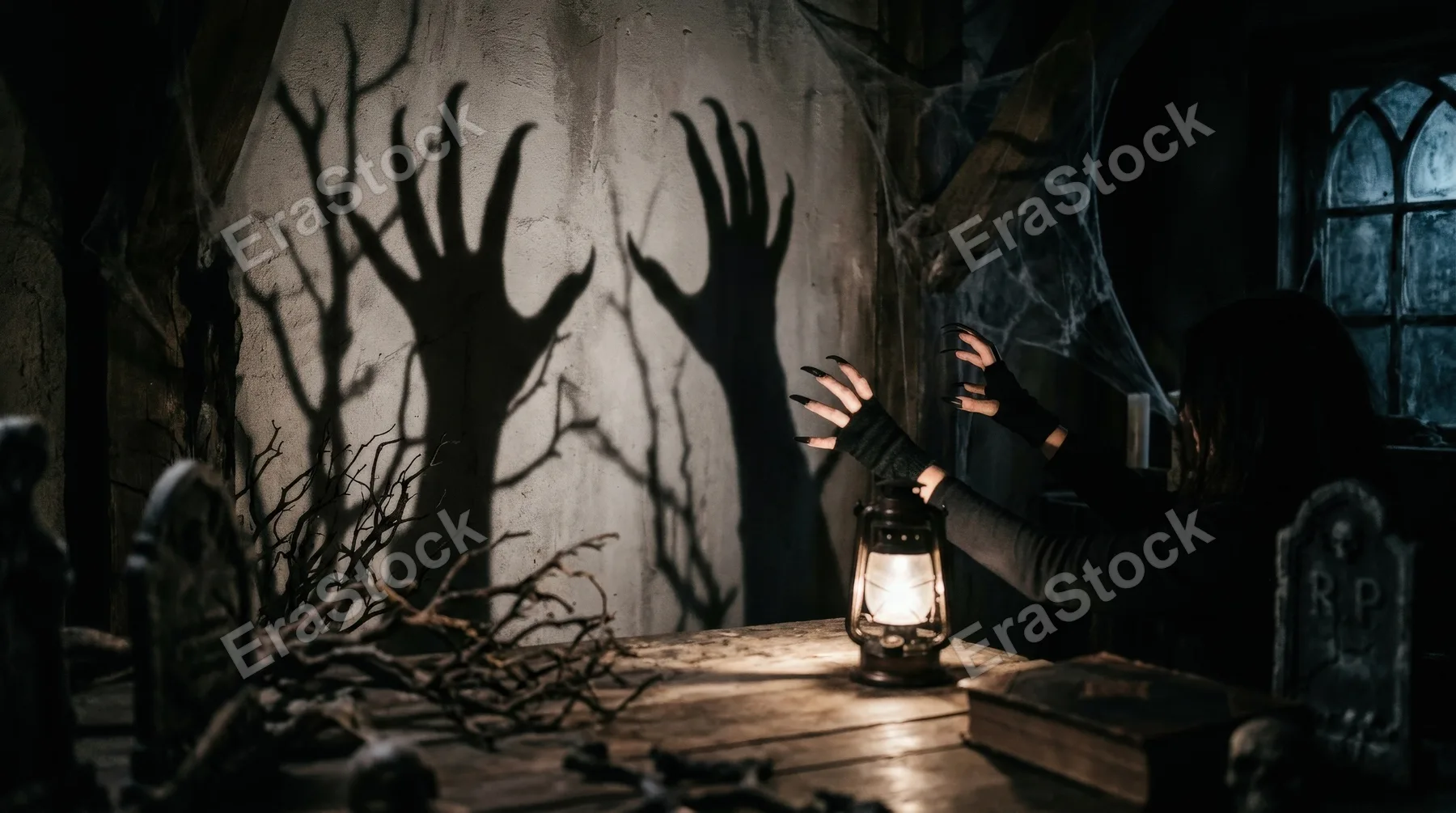 Terrifying shadow hands with long nails rising in silhouette, graveyard-inspired darkness, eerie claw shapes and stark wall projection, chilling Halloween mood, ultra-realistic, no logos.