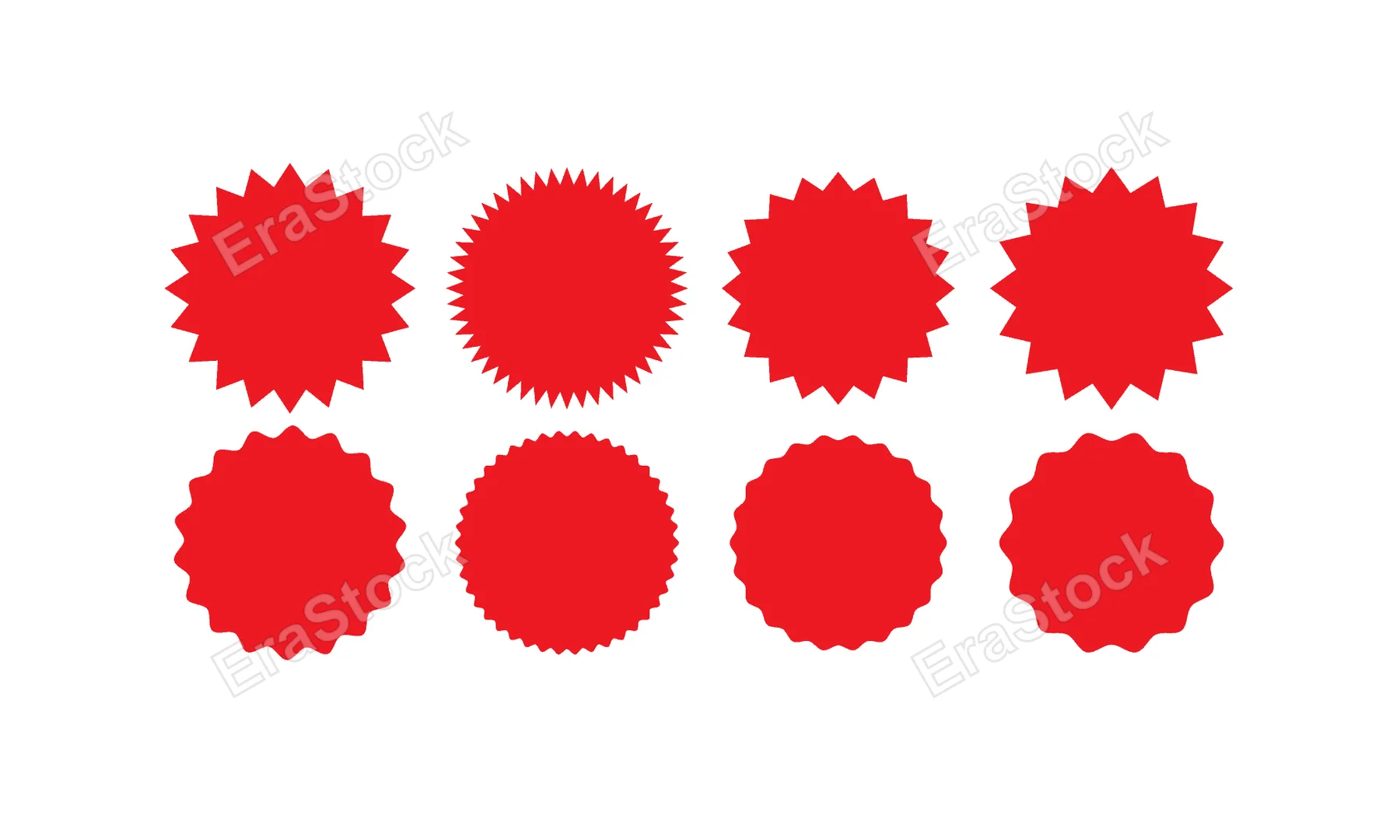 Collection of eight red starburst and jagged circle shapes on a white background