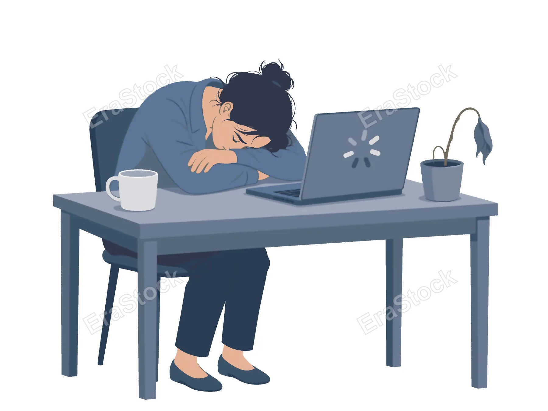 A tired woman rests her head on her arms at a desk, exhausted from work, with a wilting plant nearby