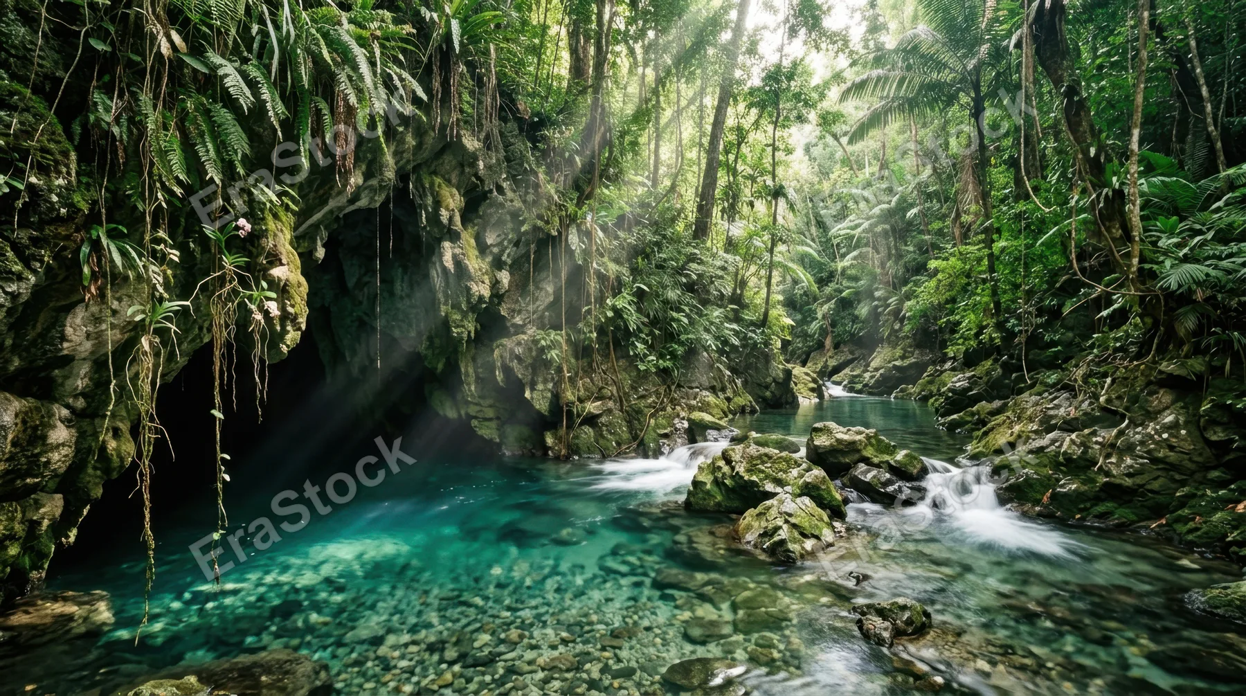 A subterranean river emerging from a hidden cave mouth into a jungle gorge, crystal-clear water revealing every pebble on the riverbed five meters below, the cave