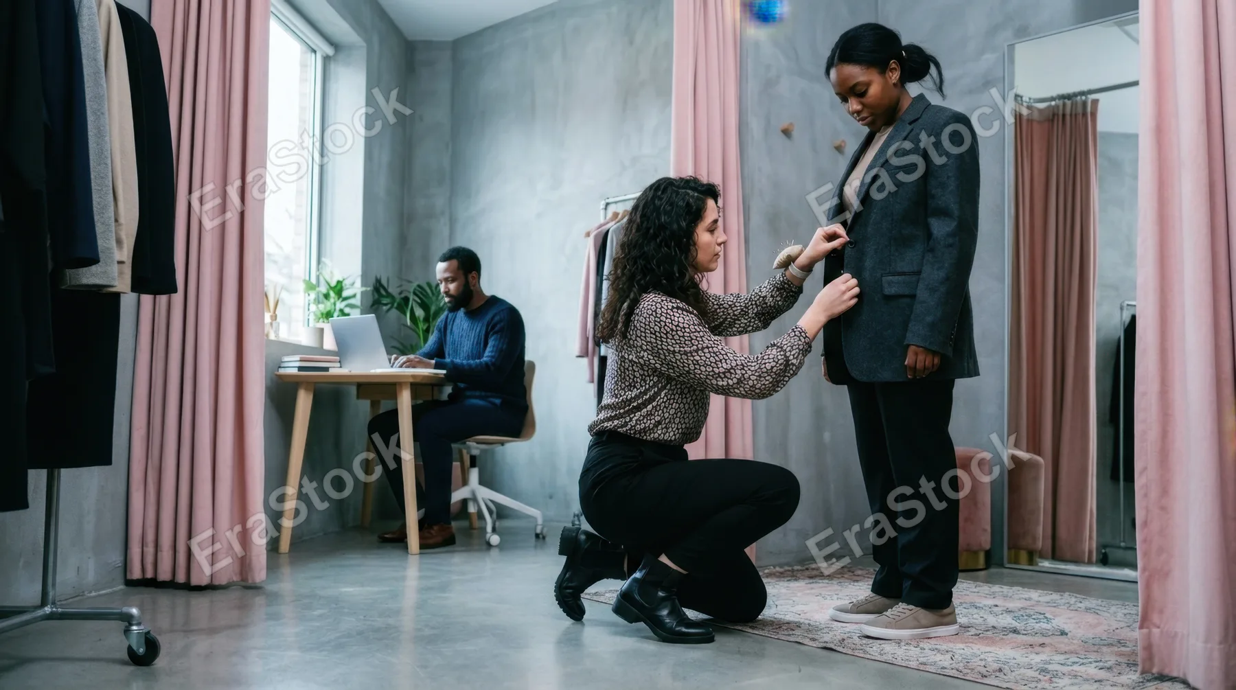 from a low angle, the stylist actively pins garments on a client in the modern fitting room, while the 28-year-old east african male virtual assistant is visible in the