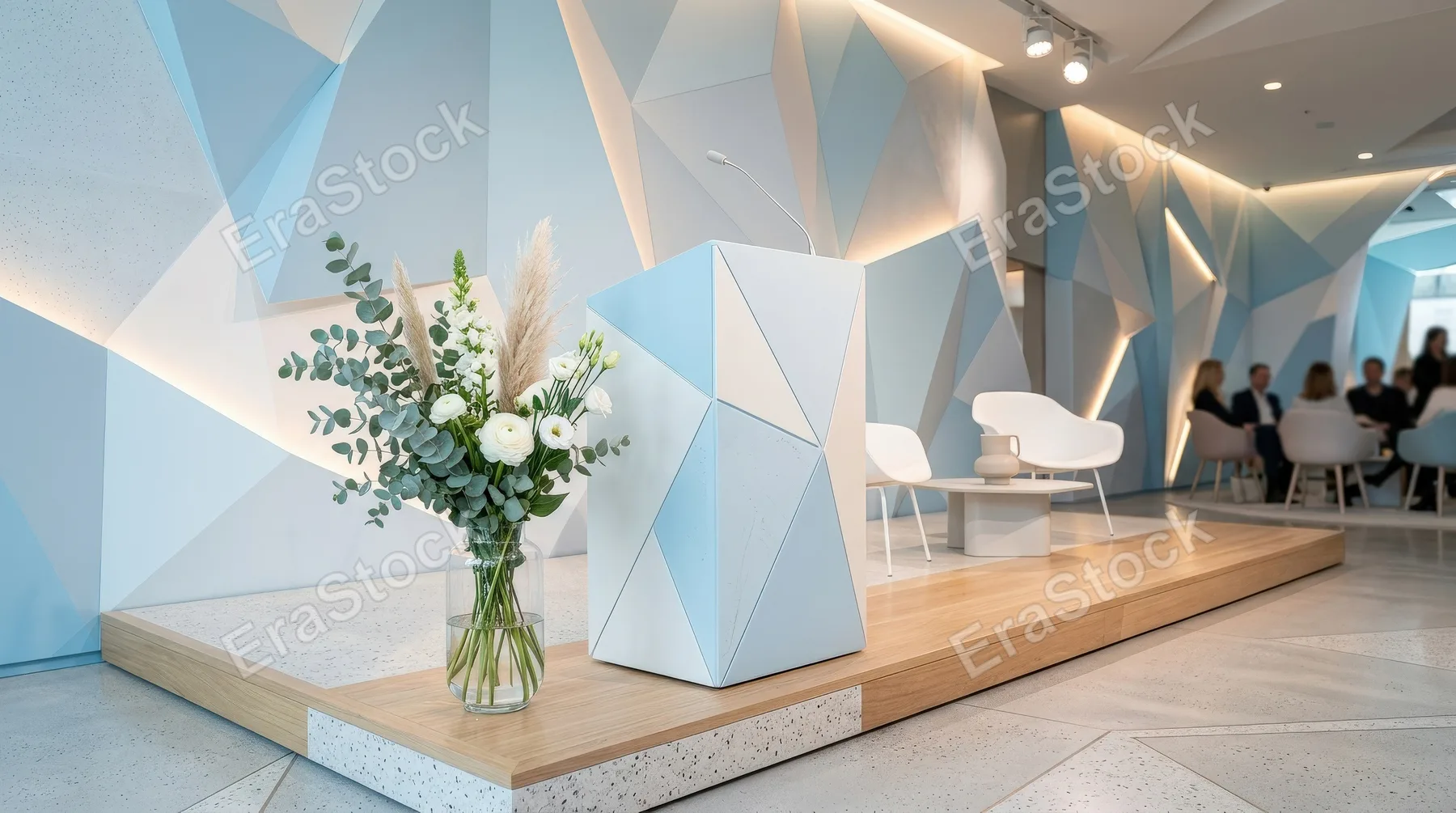 A pastel blue and white podium scene with geometric interior shapes, fresh modern styling and soft promotional elegance, ultra-realistic, no logos.