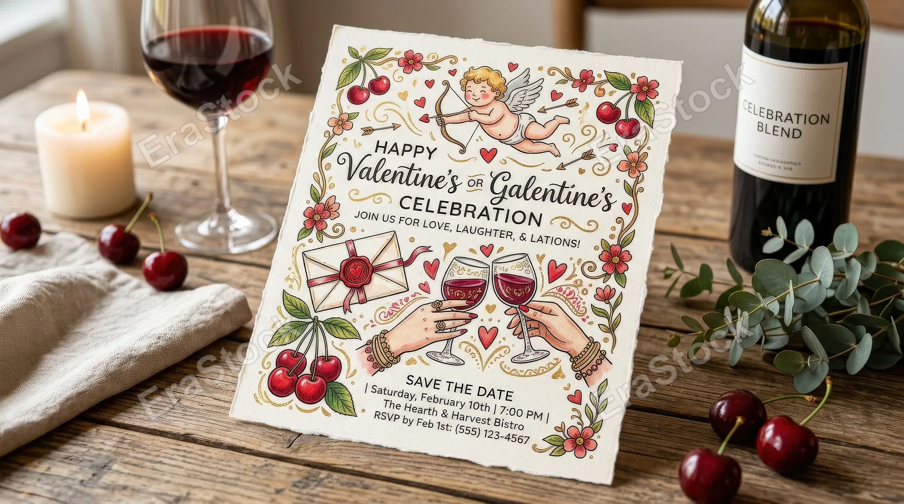 Happy Valentine’s or Galentine’s invitation cards with cupid, love letter, cherry, and hands with wine, whimsical hand-drawn charm and a stylish celebratory mood, ultra-realistic, no logos.