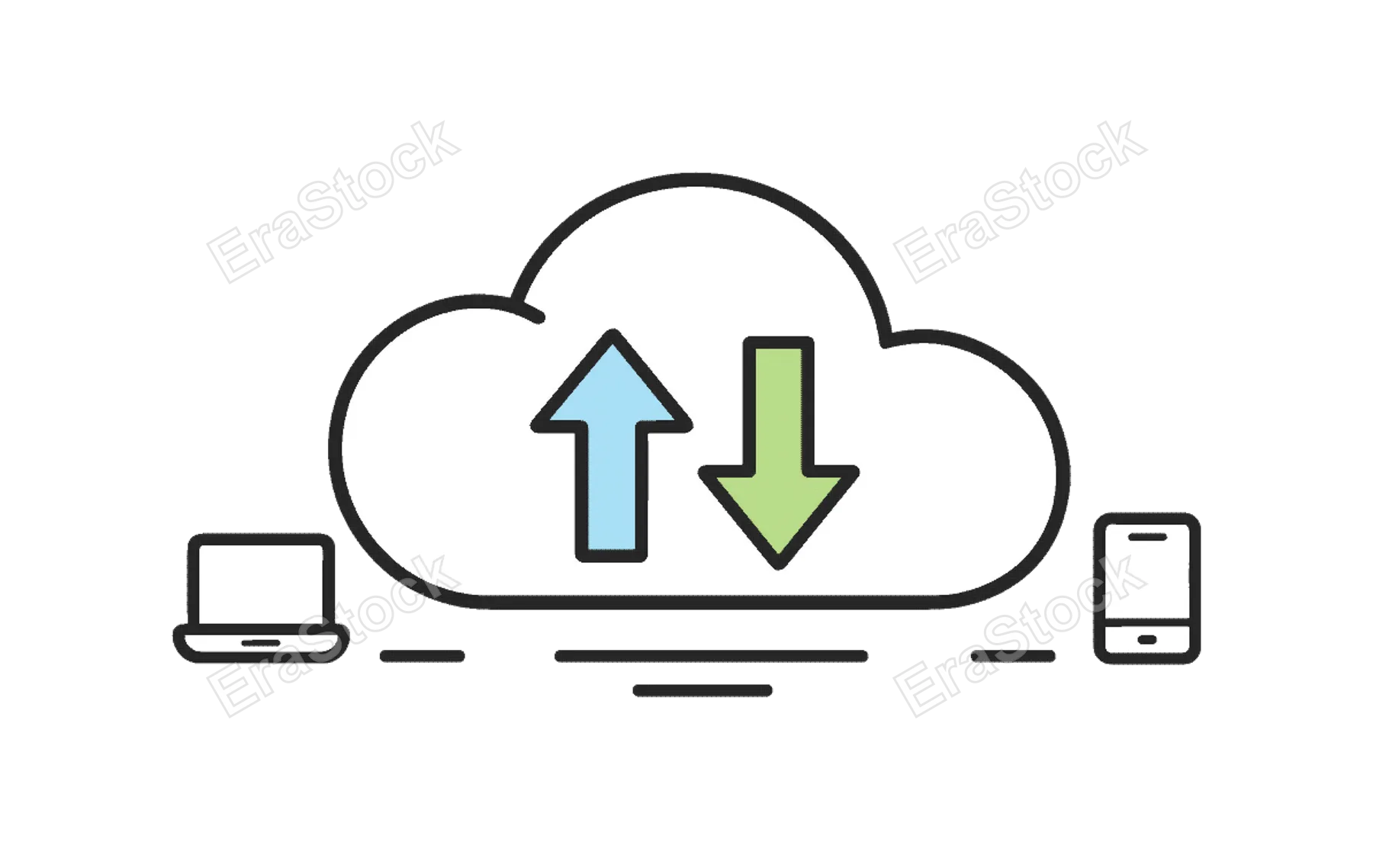 Online data storage and remote access in business and personal use, a cloud icon paired with an upward and downward arrow representing upload and download processes,