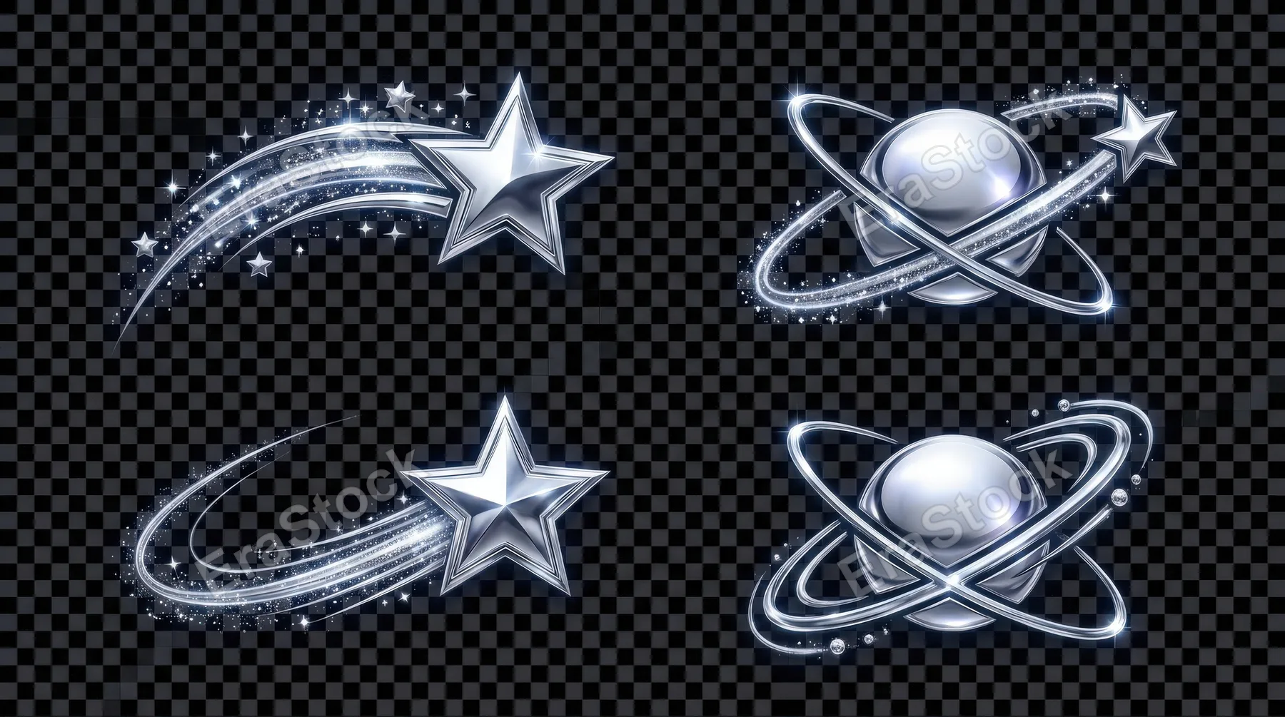A silver chrome shooting star and orbit icon set, isolated on transparent background, reflective metallic finish, sleek cosmic lines, futuristic Y2K sparkle mood, ultra-realistic, no logos.