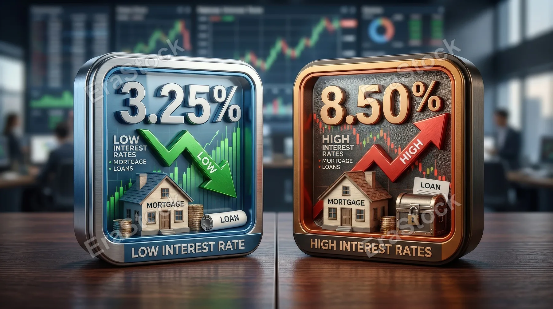 Low and high interest rate icons with percentages, arrows, mortgage and loan symbols in a solid finance set, clear economic contrast, ultra-realistic, no logos.