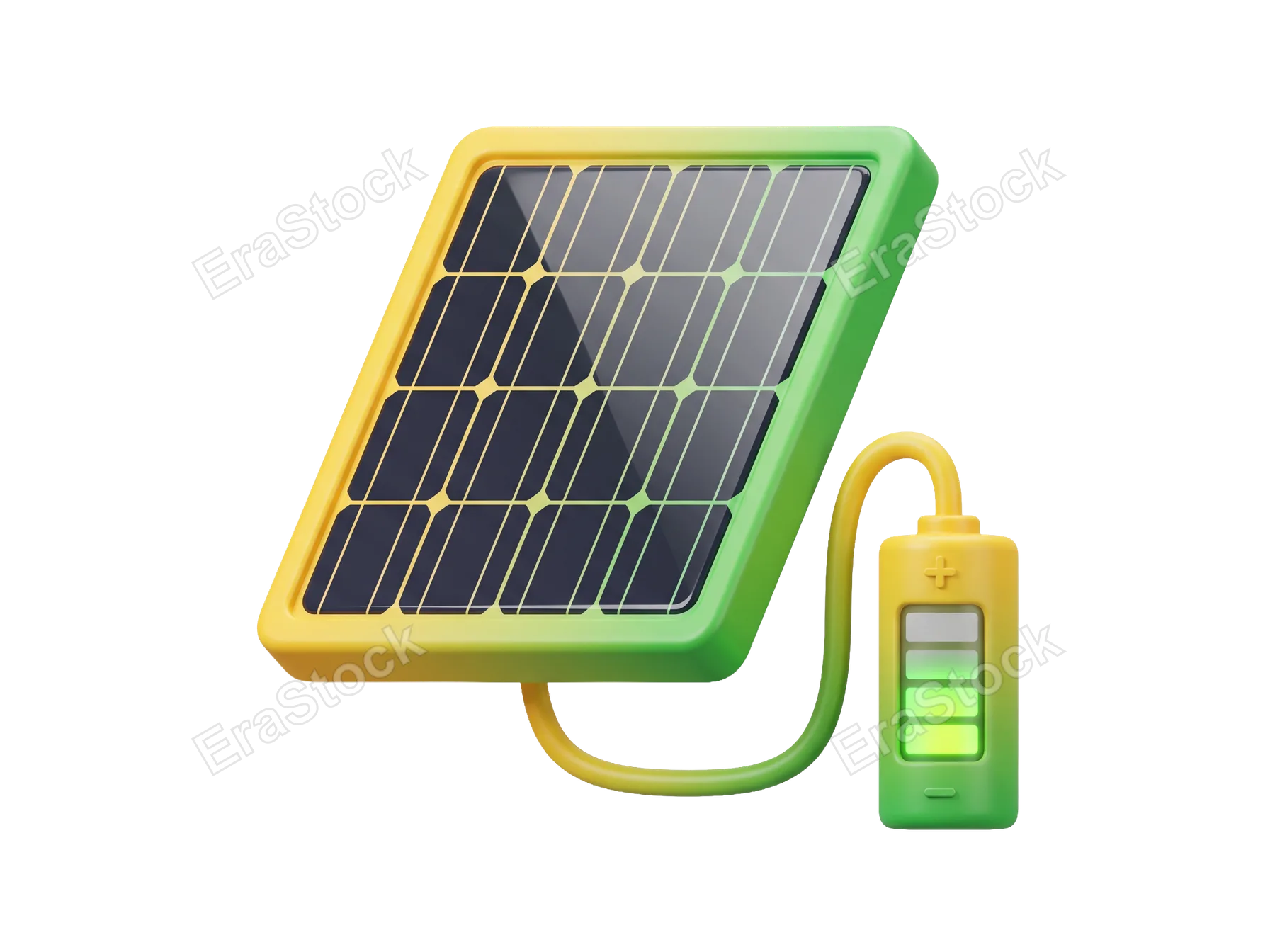 A 3D illustration of a solar panel connected to a battery, symbolizing the generation and storage of green electricity for environmental conservation