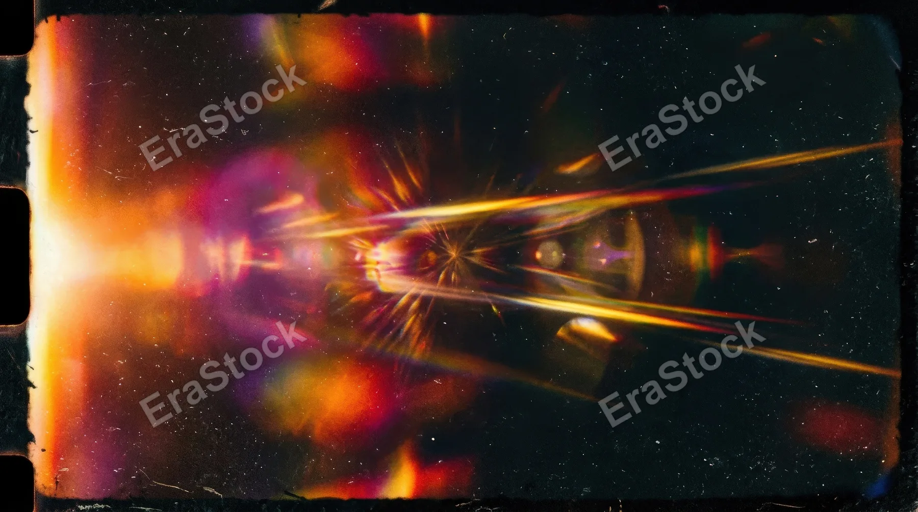 A dramatic abstract film light leak with rich flare streaks, layered glow and cinematic darkness, vintage poster atmosphere, ultra-realistic, no logos.