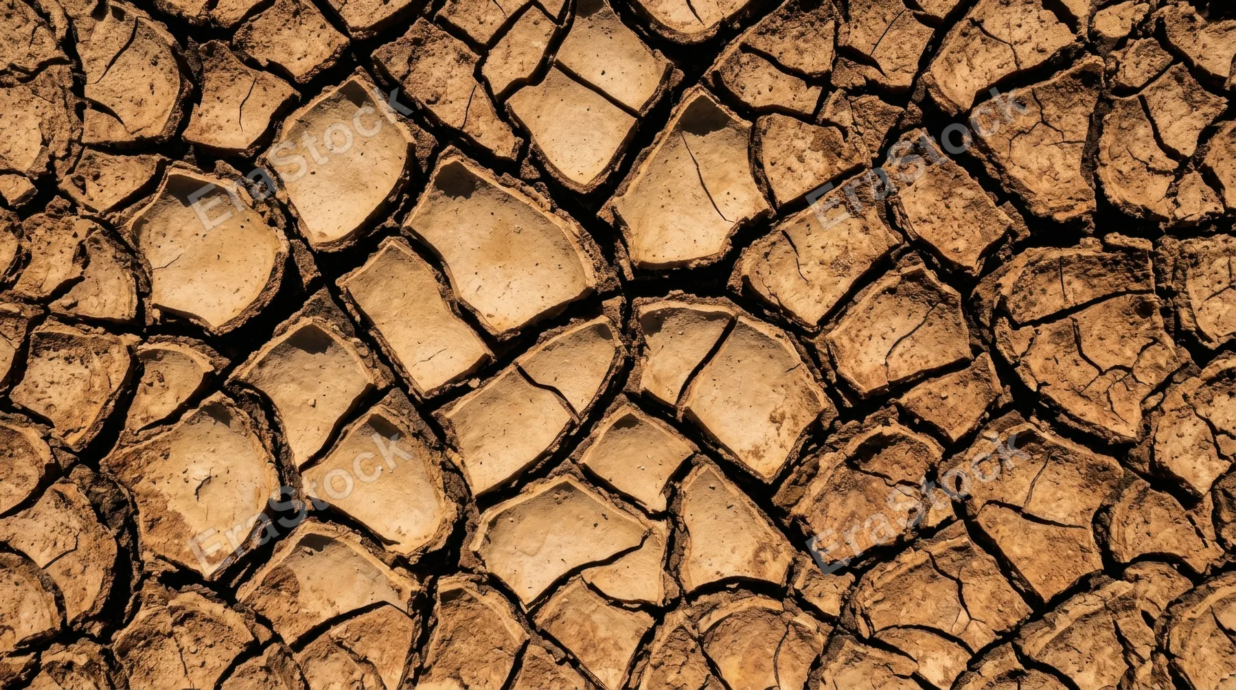 Abstract macro of cracked dry earth surface during extreme drought, the mud fractured into irregular polygon tiles of varying sizes, edges of each tile curling upward