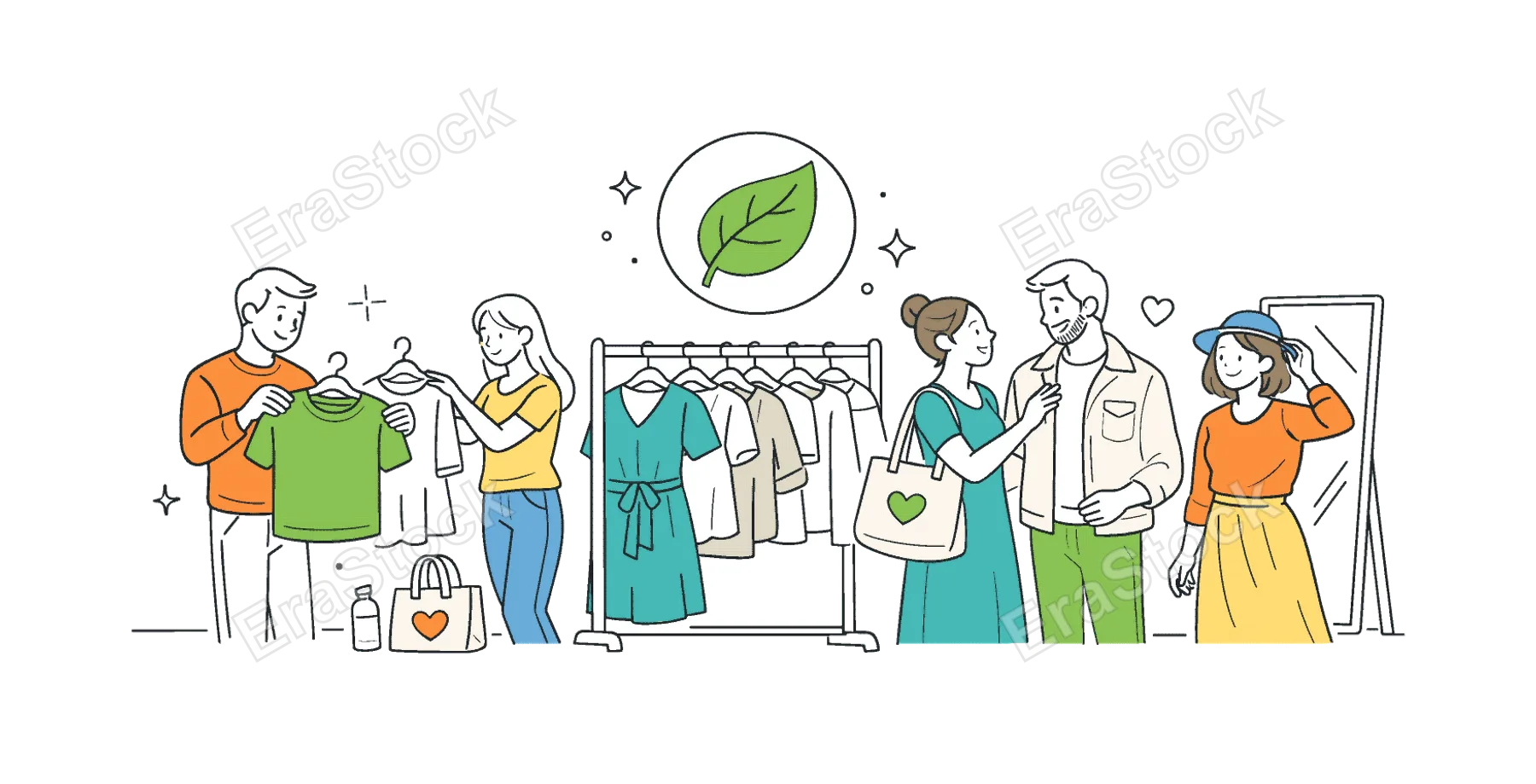 Sustainable fashion lifestyle scene showing a small group of people choosing and wearing eco-friendly clothing in a conscious shopping environment, with a clothing rack