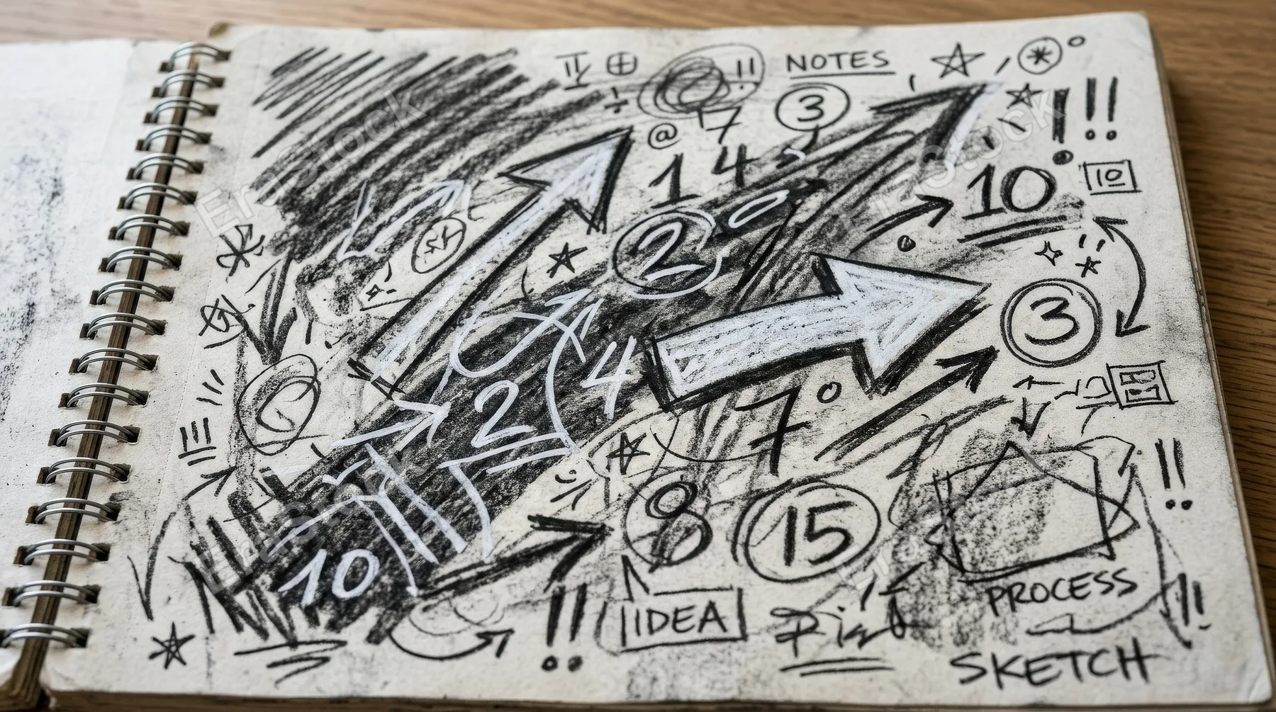 Charcoal scribble stripes, emphasis arrows and hand-drawn numbers, chalky marker doodles with sketchbook spontaneity, gritty creative texture, ultra-realistic, no logos.
