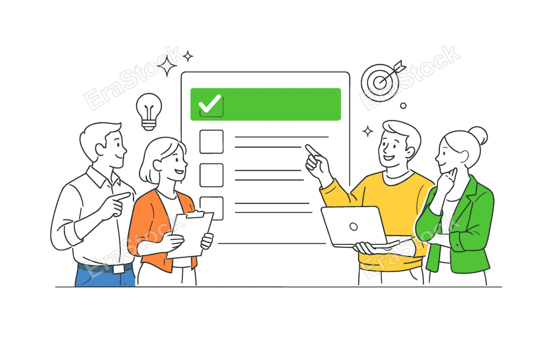 A simple clarity of priority scenario where professionals quickly identify the most important task among several options in a workflow, using a visual metaphor of a clean