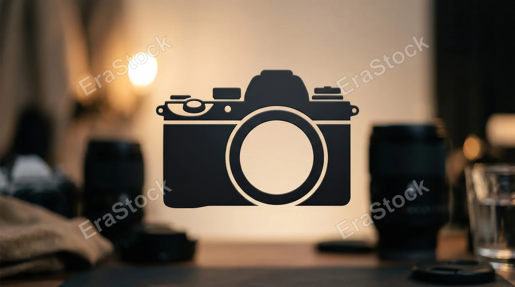 A camera silhouette icon with lens circle and classic body shape, clean photography atmosphere, ultra-realistic, no logos.