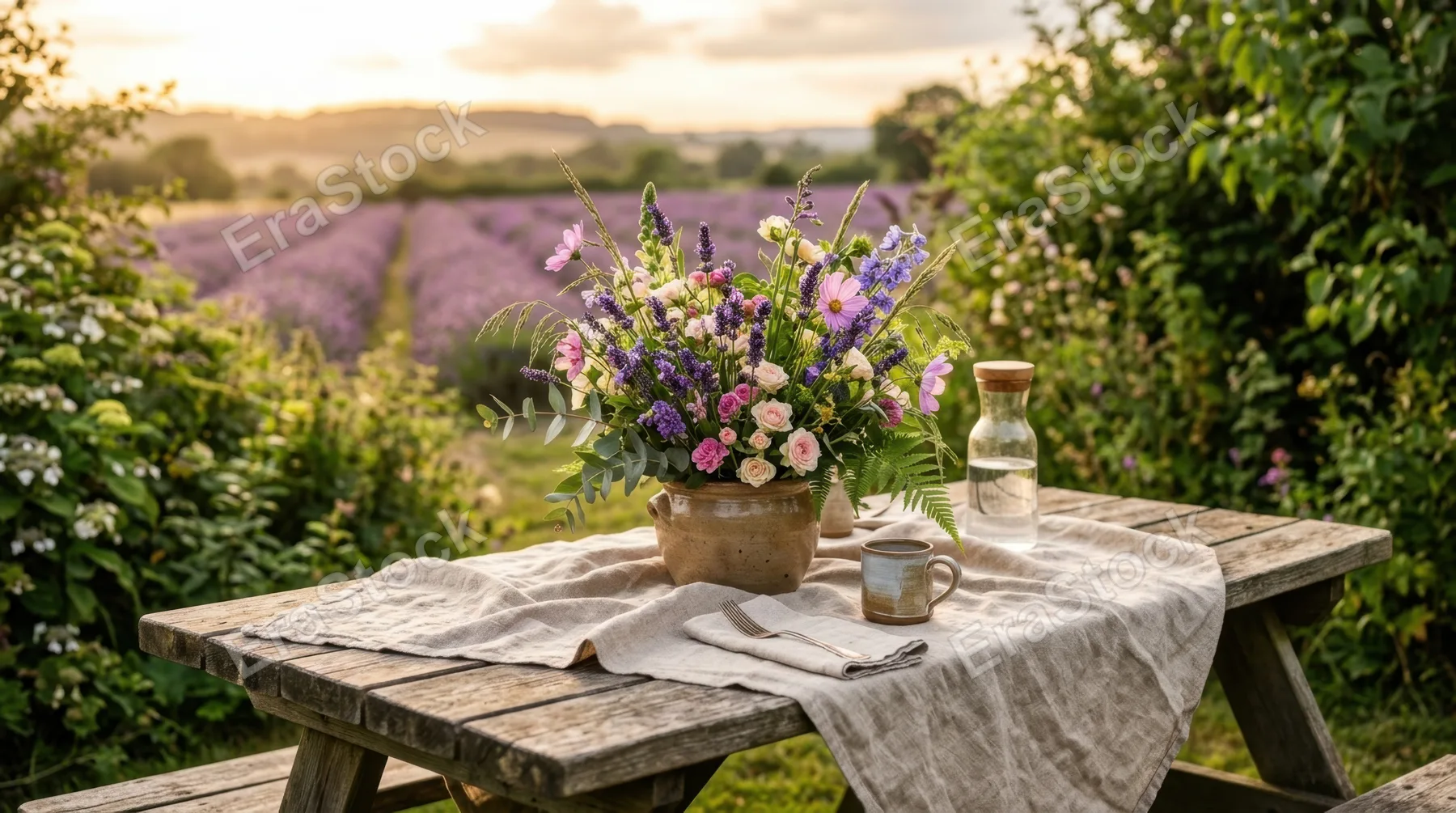an intimate detail shot of a rustic picnic table draped with a simple cloth, showcasing a freshly arranged centerpiece of vibrant flowers. the lush greenery surrounding