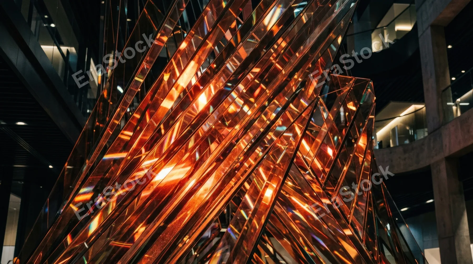 Orange and red prism glow through sharp geometric glass stripes, vivid refraction, warm dynamic futuristic atmosphere, ultra-realistic, no logos.