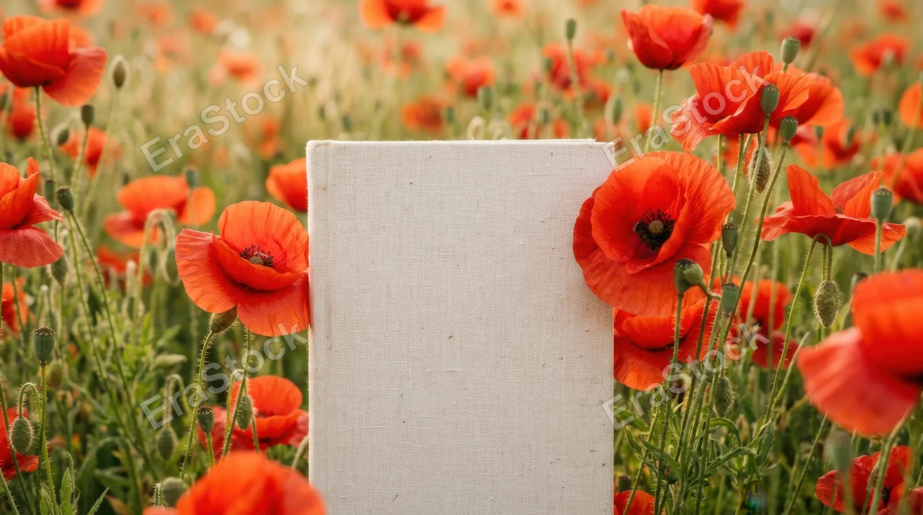 a tight focus on the blank paperback cover surrounded by radiant red poppies, capturing the gentle textures of the linen. the vibrant colors radiate warmth in the hazy