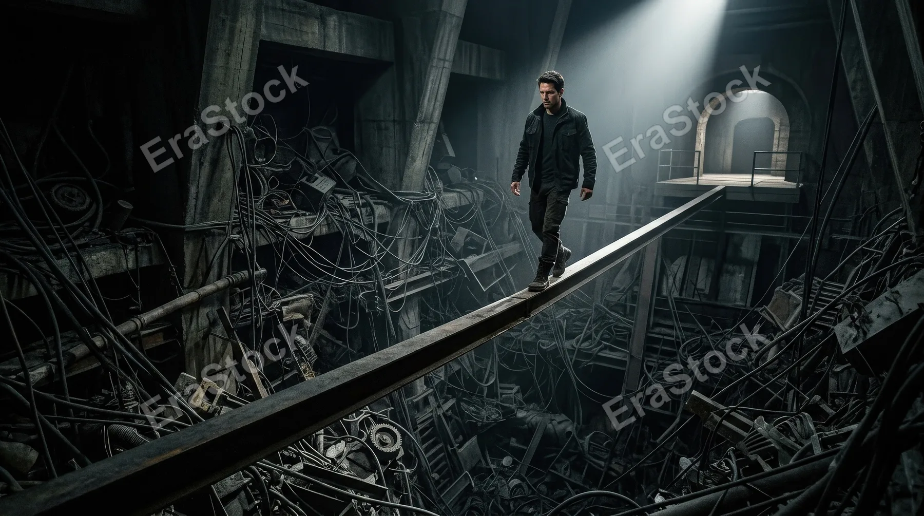A man walking on a straight narrow bar above a tangled pit, stark conceptual environment, symbolizing clarity over complexity and solution strategy, dramatic focused light, ultra-realistic, no logos.