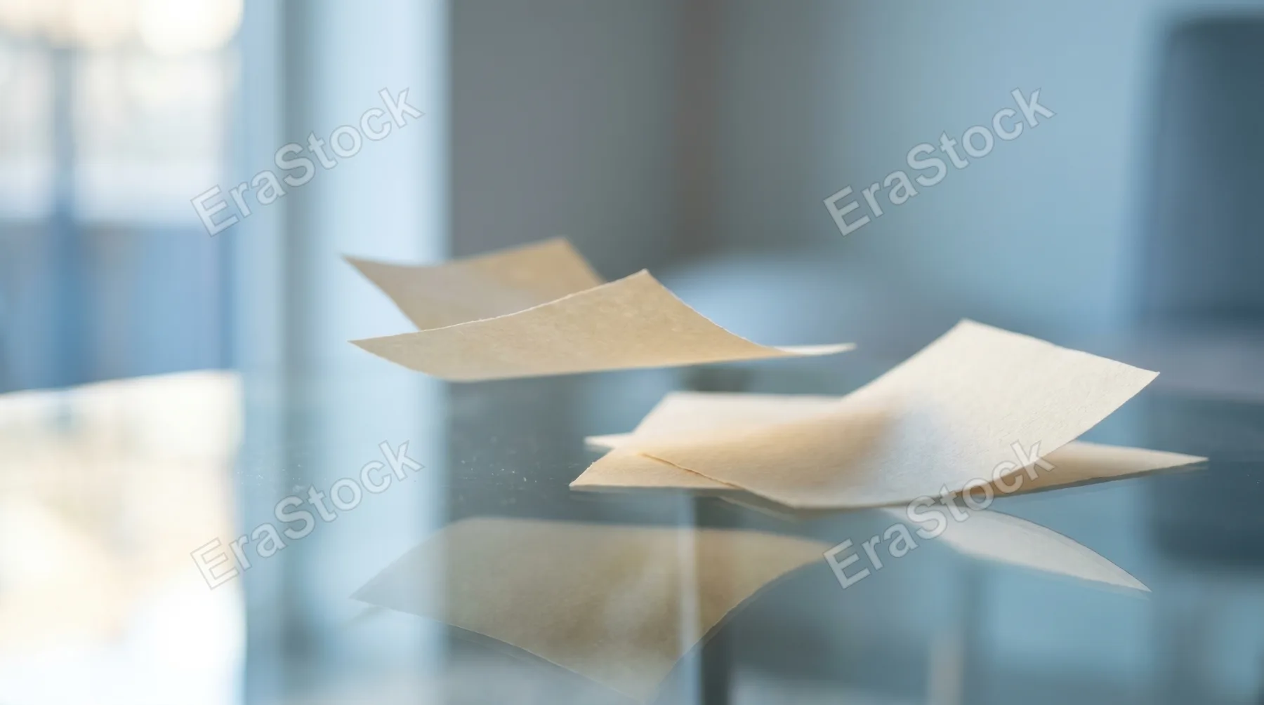 an intimate close-up of papers gracefully drifting over a clear, reflective surface that mirrors the surrounding soft light. the focus highlights the playful, surreal