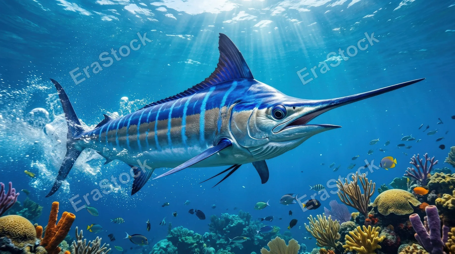 A spectacular blue marlin swimming powerfully through tropical waters, sharp spear-like bill, vivid aquatic motion, dynamic ocean atmosphere, ultra-realistic, no logos.