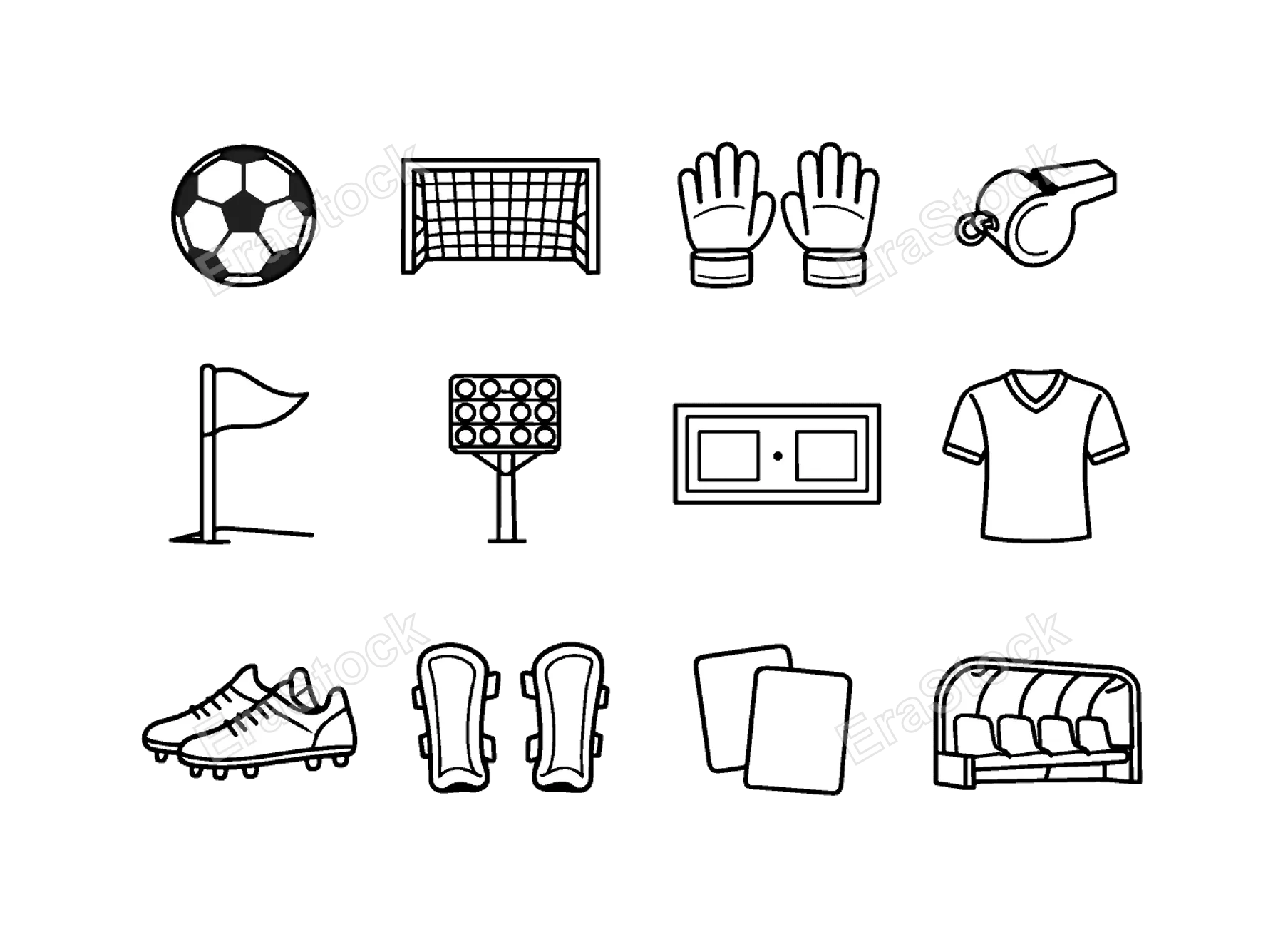 Soccer football game elements: soccer ball, goal post, goalkeeper gloves, referee whistle, corner flag, stadium floodlight, scoreboard, soccer jersey, soccer cleats, shin guards