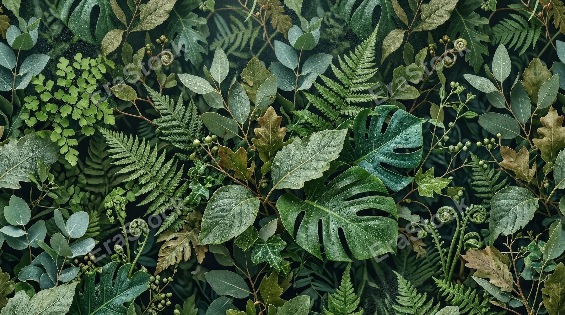 A seamless botanical leaf pattern with fine spray texture, layered natural forms, elegant decorative atmosphere, ultra-realistic, no logos.